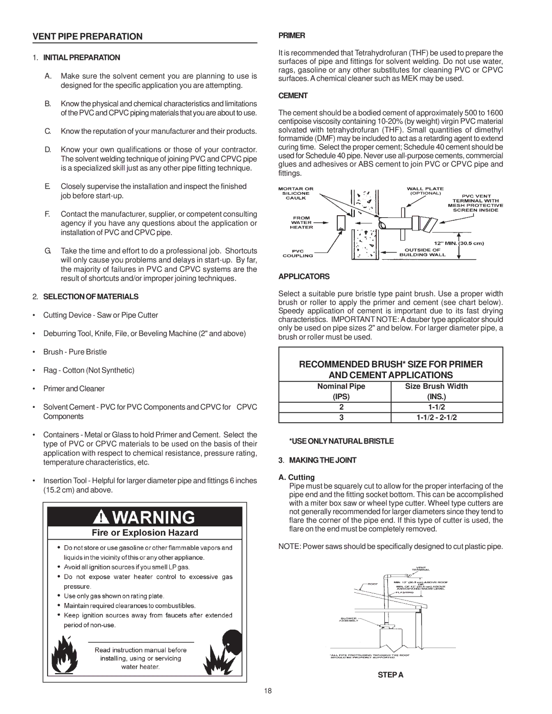 State Industries Residential Gas Water Heater instruction manual Vent Pipe Preparation 