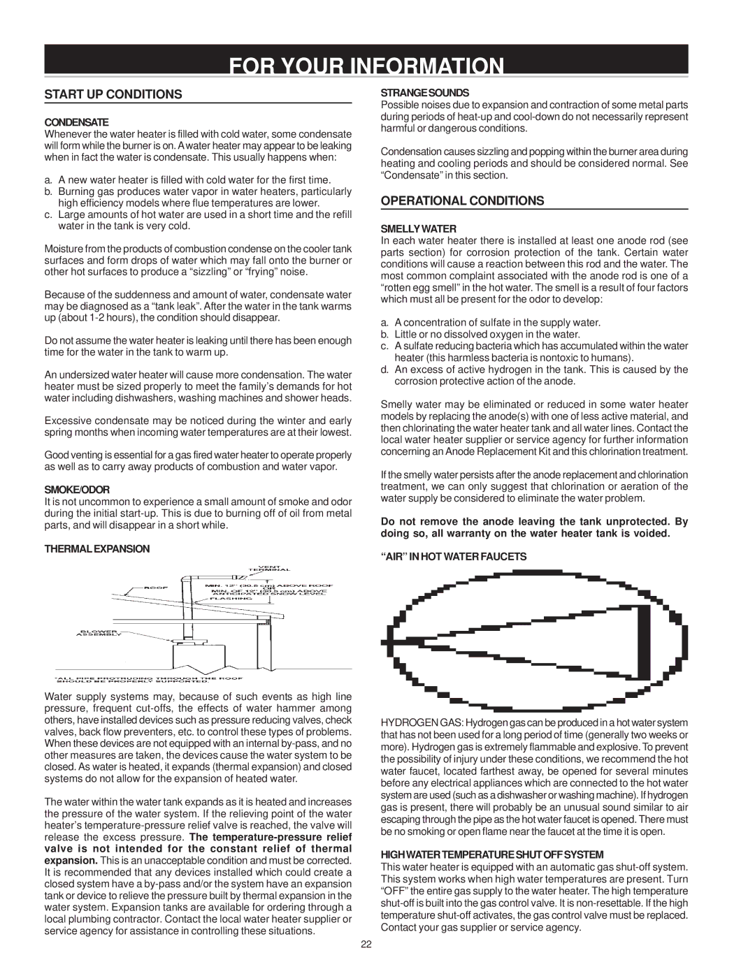 State Industries Residential Gas Water Heater For Your Information, Start UP Conditions, Operational Conditions 