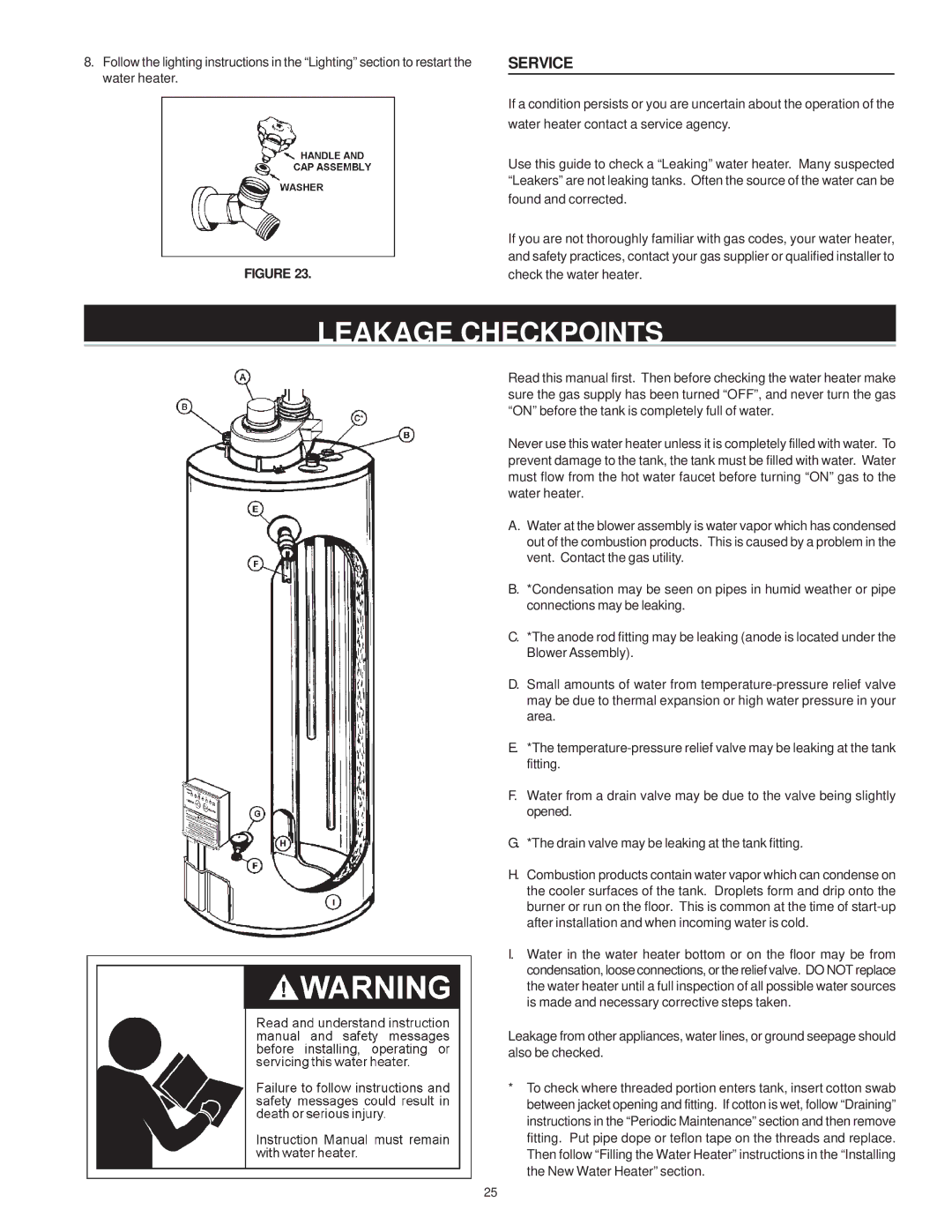 State Industries Residential Gas Water Heater instruction manual Leakage Checkpoints, Service 