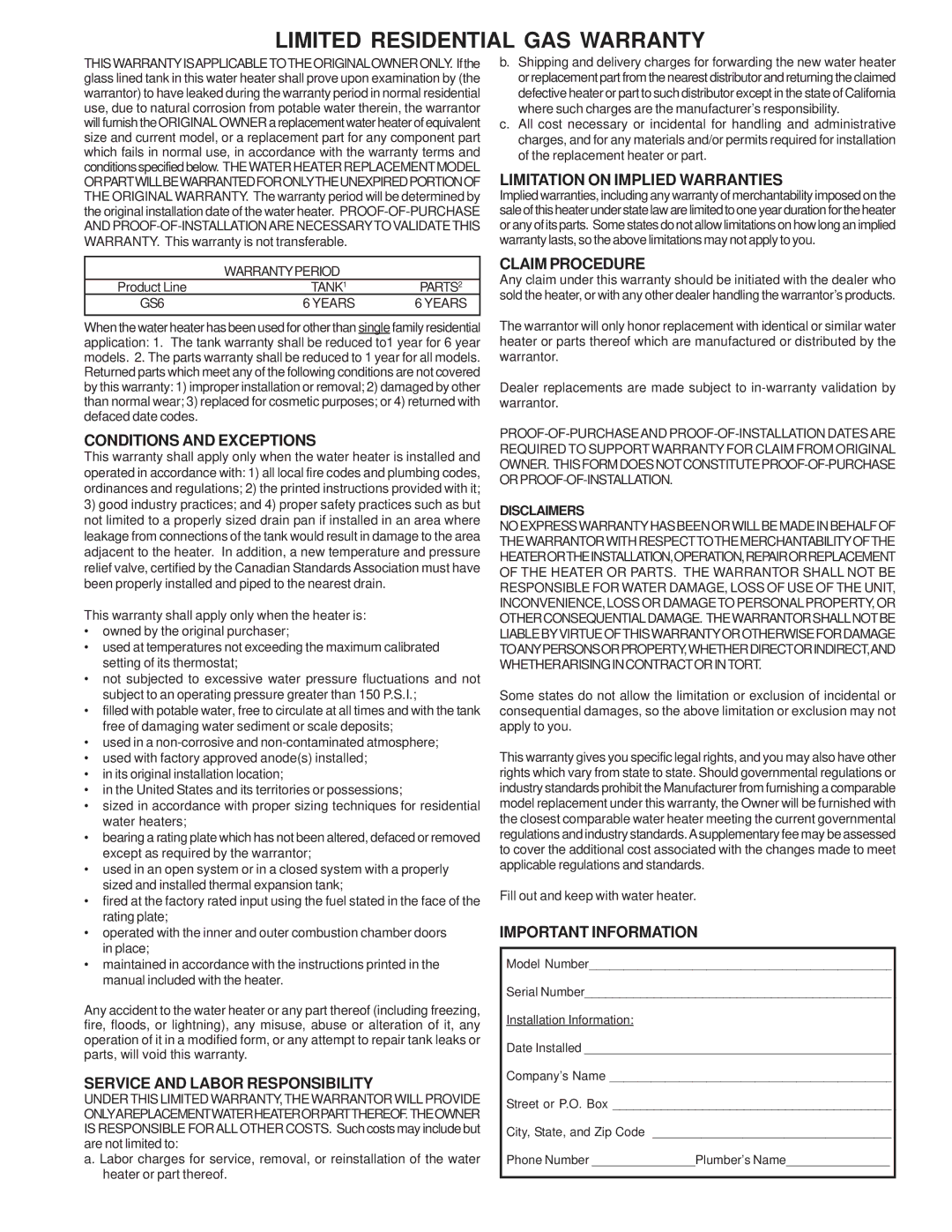 State Industries Residential Gas Water Heater Conditions and Exceptions, Service and Labor Responsibility, Claim Procedure 