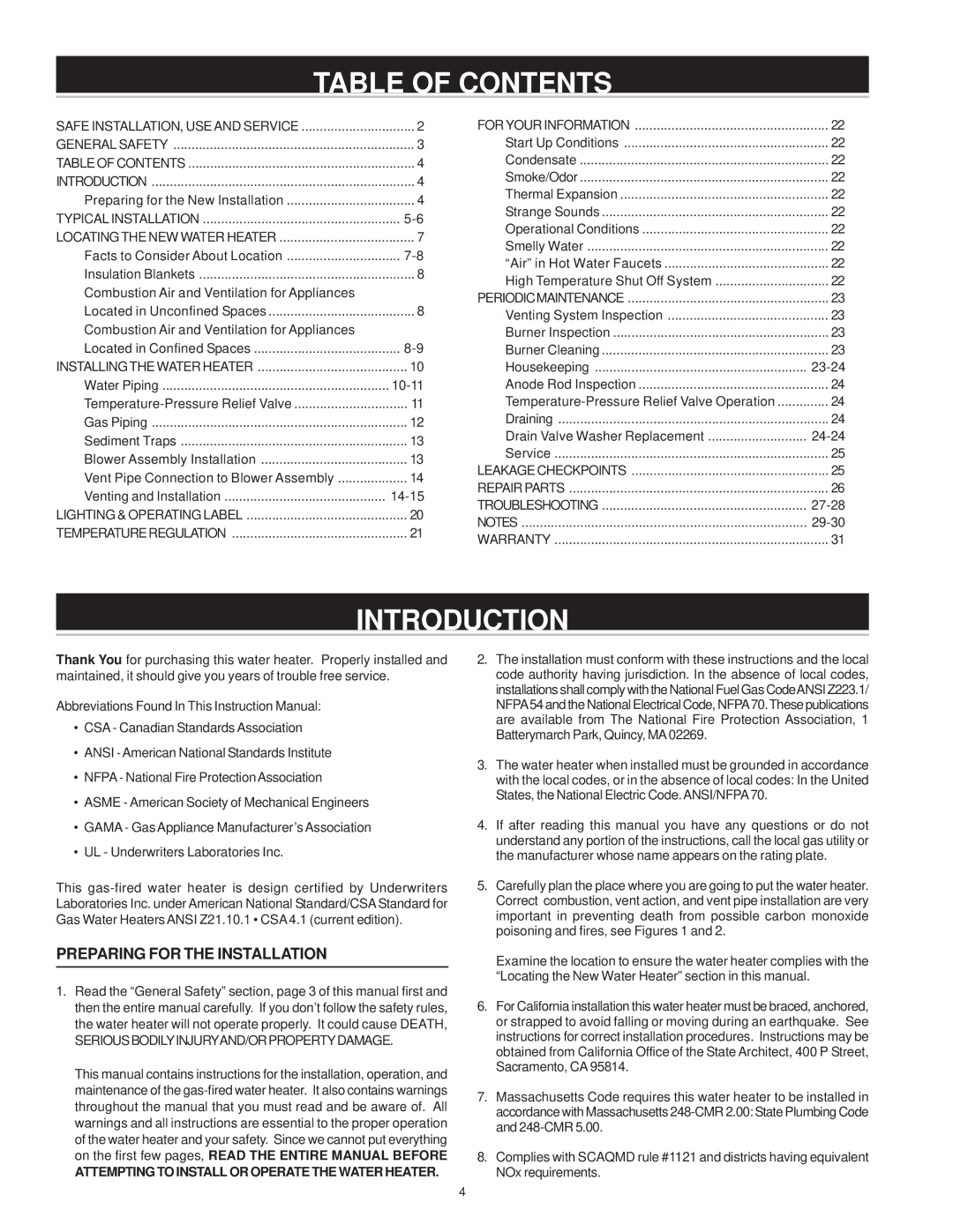 State Industries Residential Gas Water Heater instruction manual Table of Contents, Introduction 