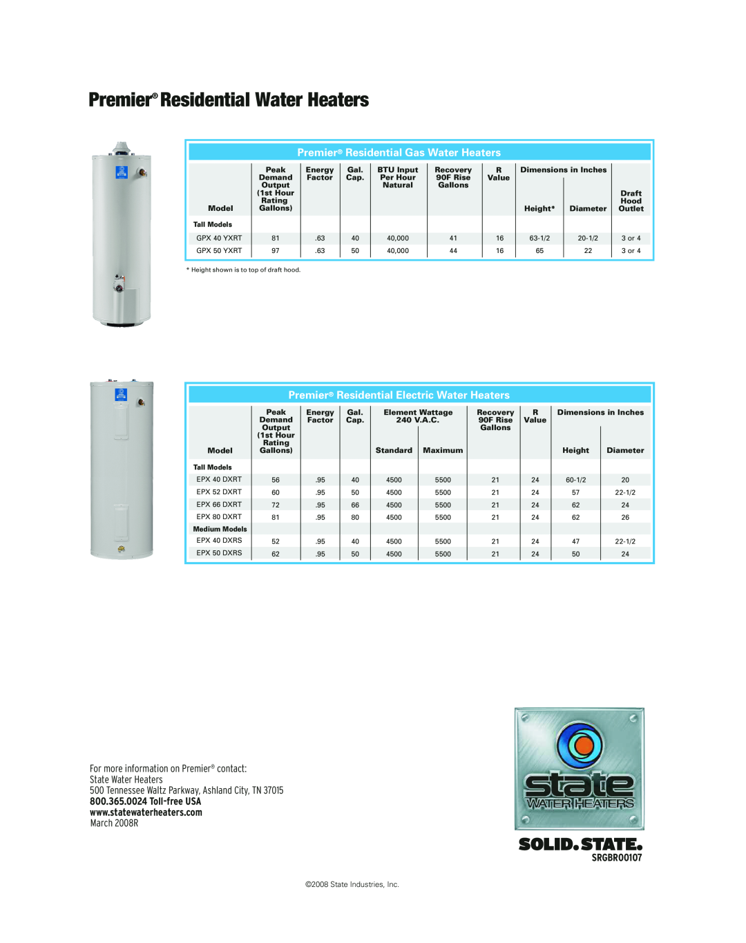 State Industries manual Premier Residential Gas Water Heaters, Premier Residential Water Heaters 