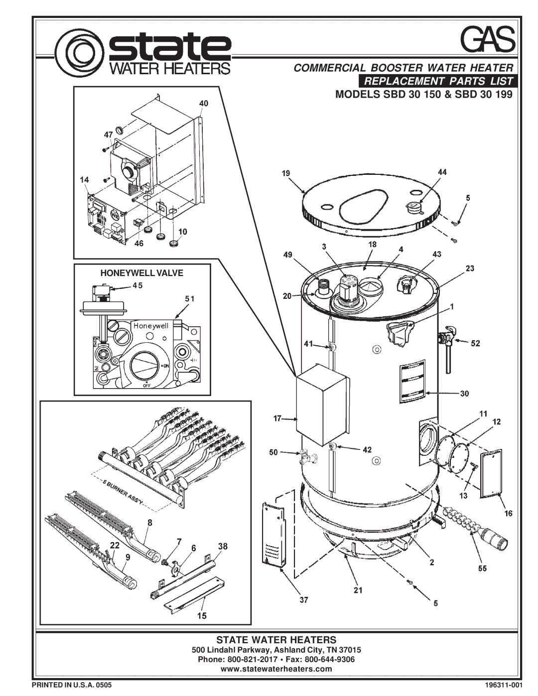 State Industries SBD 150, SBD 199 manual Gas, Replacement Parts List, Models SBD 30 150 & SBD 30, State Water Heaters 