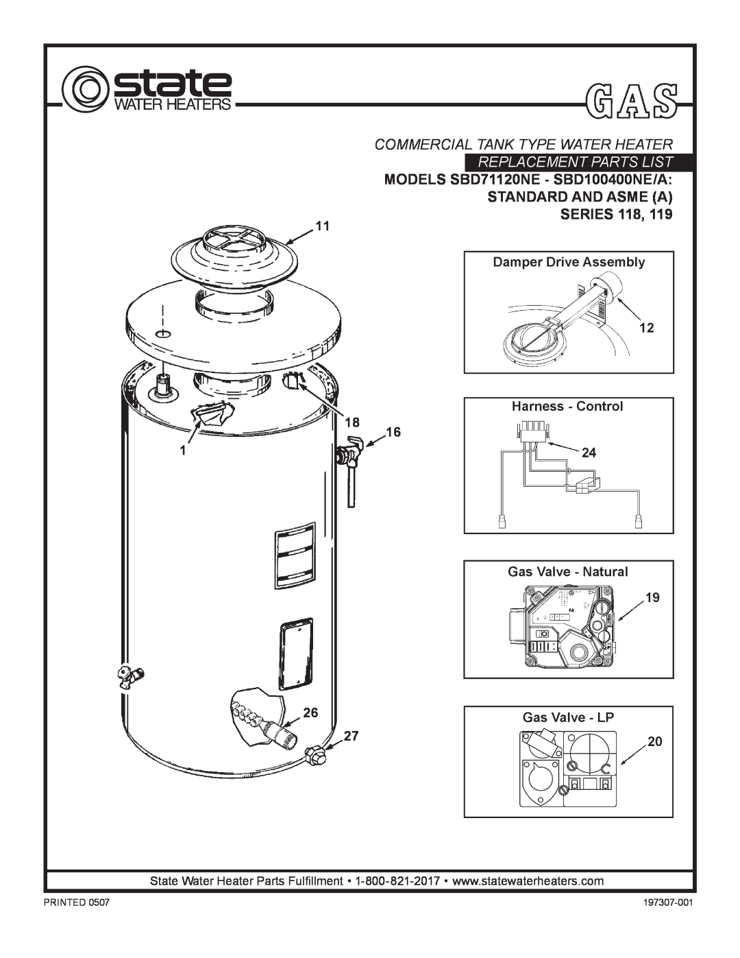 State Industries SBD100400NE/A manual Damper Drive Assembly, Commercial Tank Type Water Heater, Replacement Parts List 