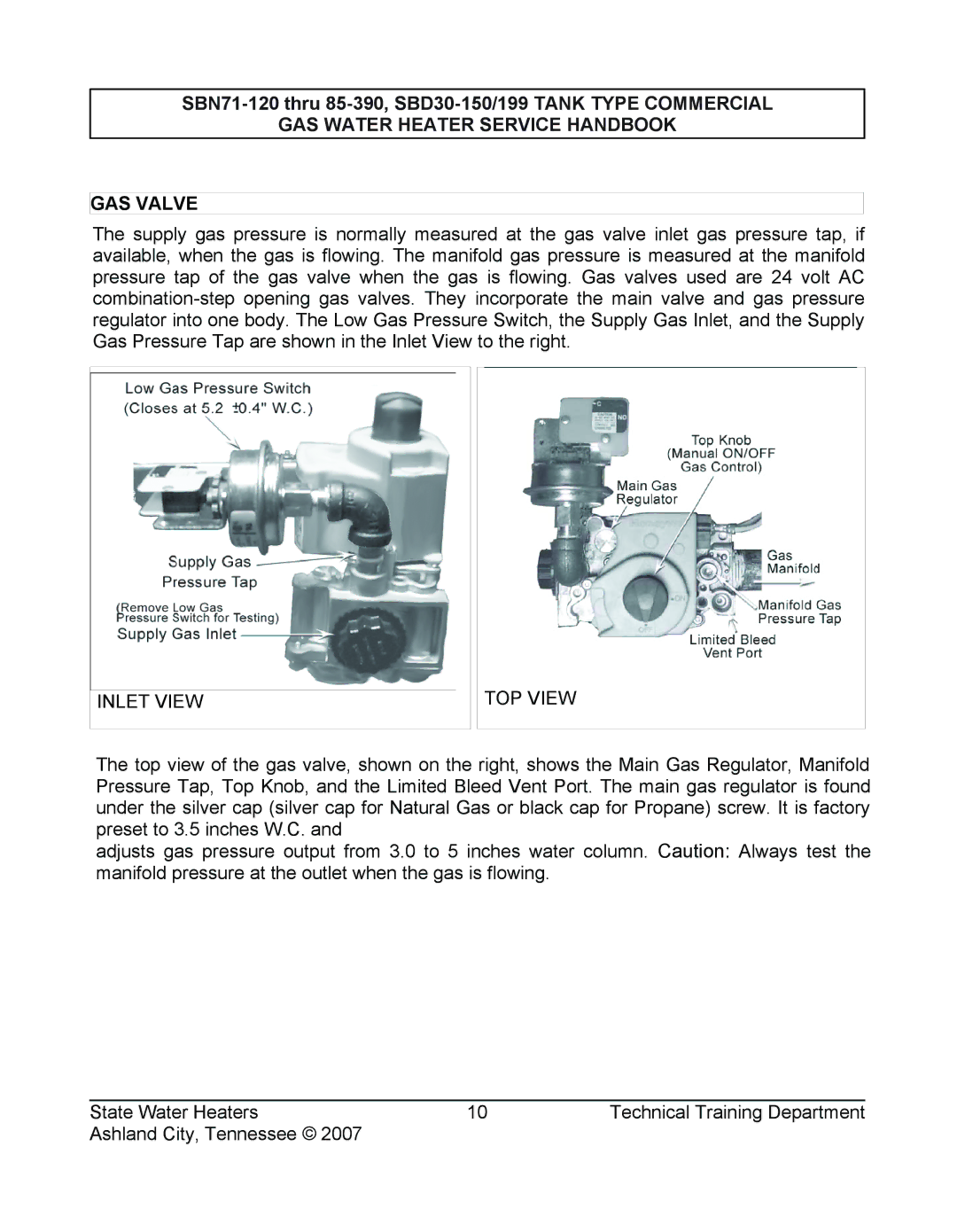State Industries SBN85 390 (A), SBD30 150, SBN71 120 manual GAS Water Heater Service Handbook GAS Valve, Inlet View TOP View 