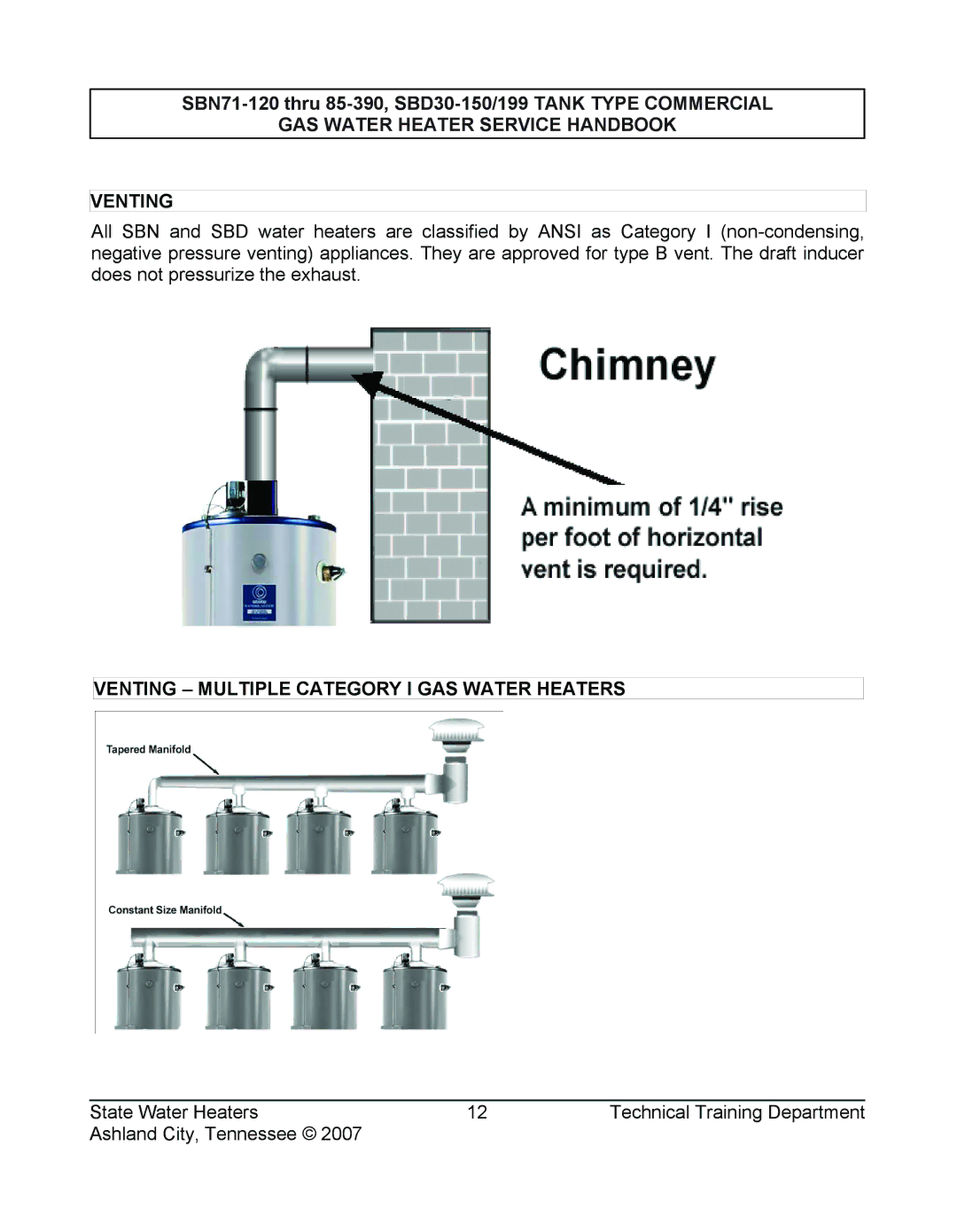 State Industries SBD30 199 manual GAS Water Heater Service Handbook Venting, Venting Multiple Category I GAS Water Heaters 