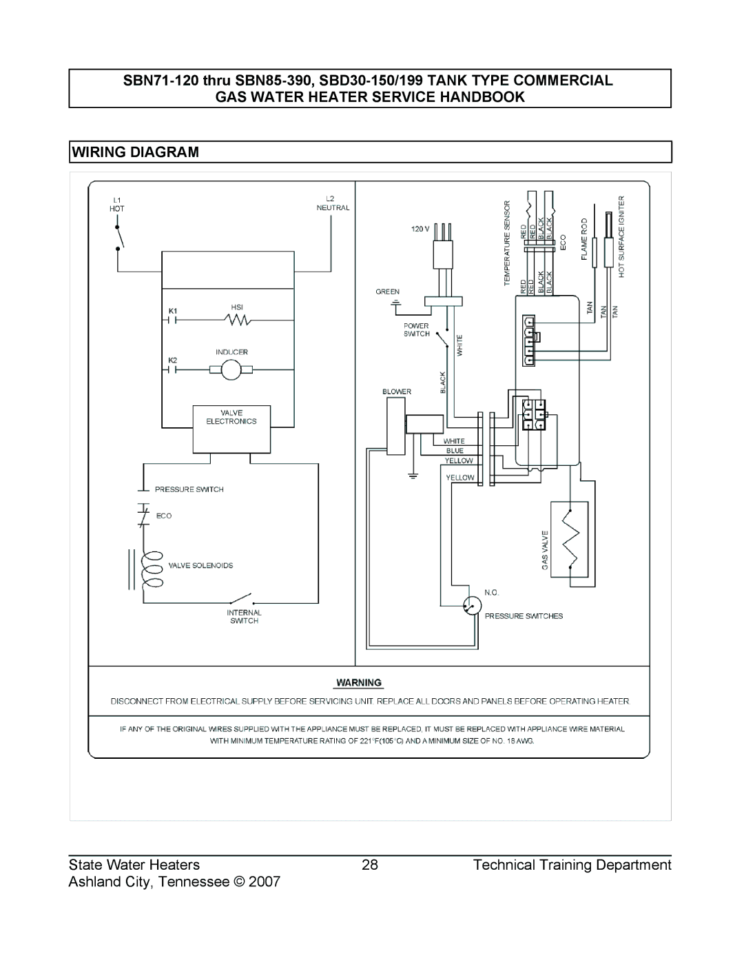 State Industries SERIES 108, SBD30 150, SBN85 390 (A), SBN71 120, SBD30 199 GAS Water Heater Service Handbook Wiring Diagram 