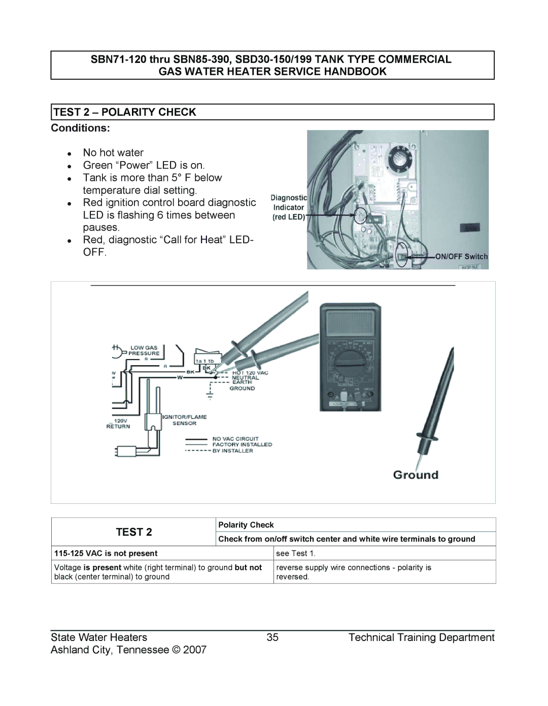 State Industries SBN85 390 (A), SBD30 150, SBN71 120, SBD30 199 manual GAS Water Heater Service Handbook Test 2 Polarity Check 