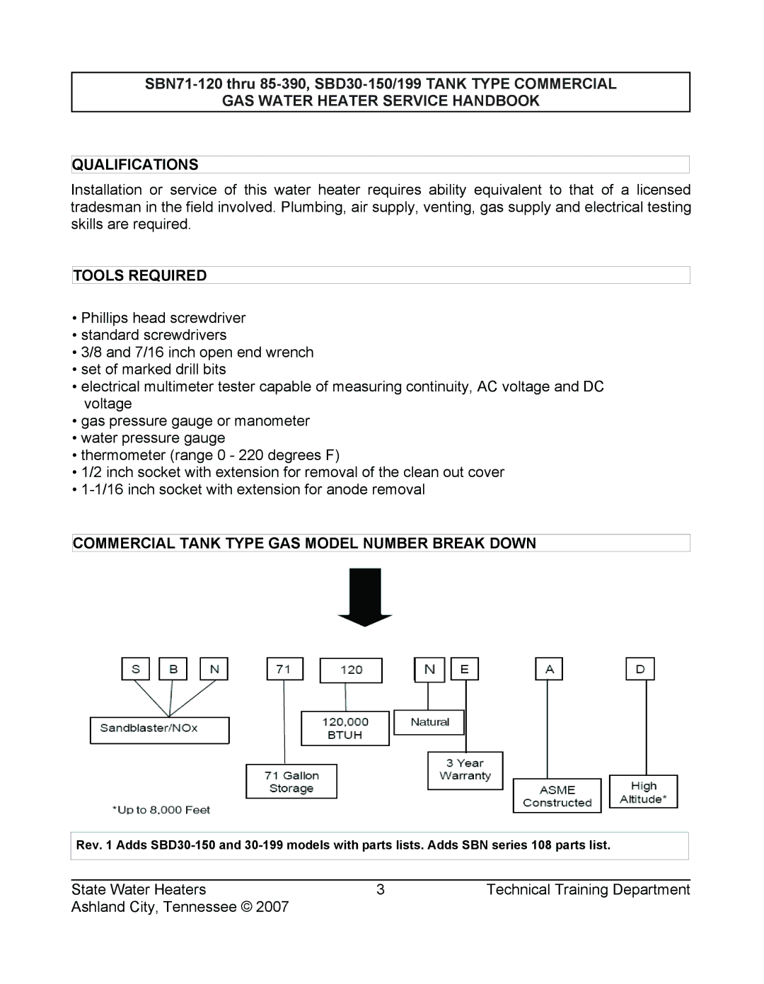 State Industries SERIES 108, SBD30 150, SBN85 390 (A) manual GAS Water Heater Service Handbook Qualifications, Tools Required 