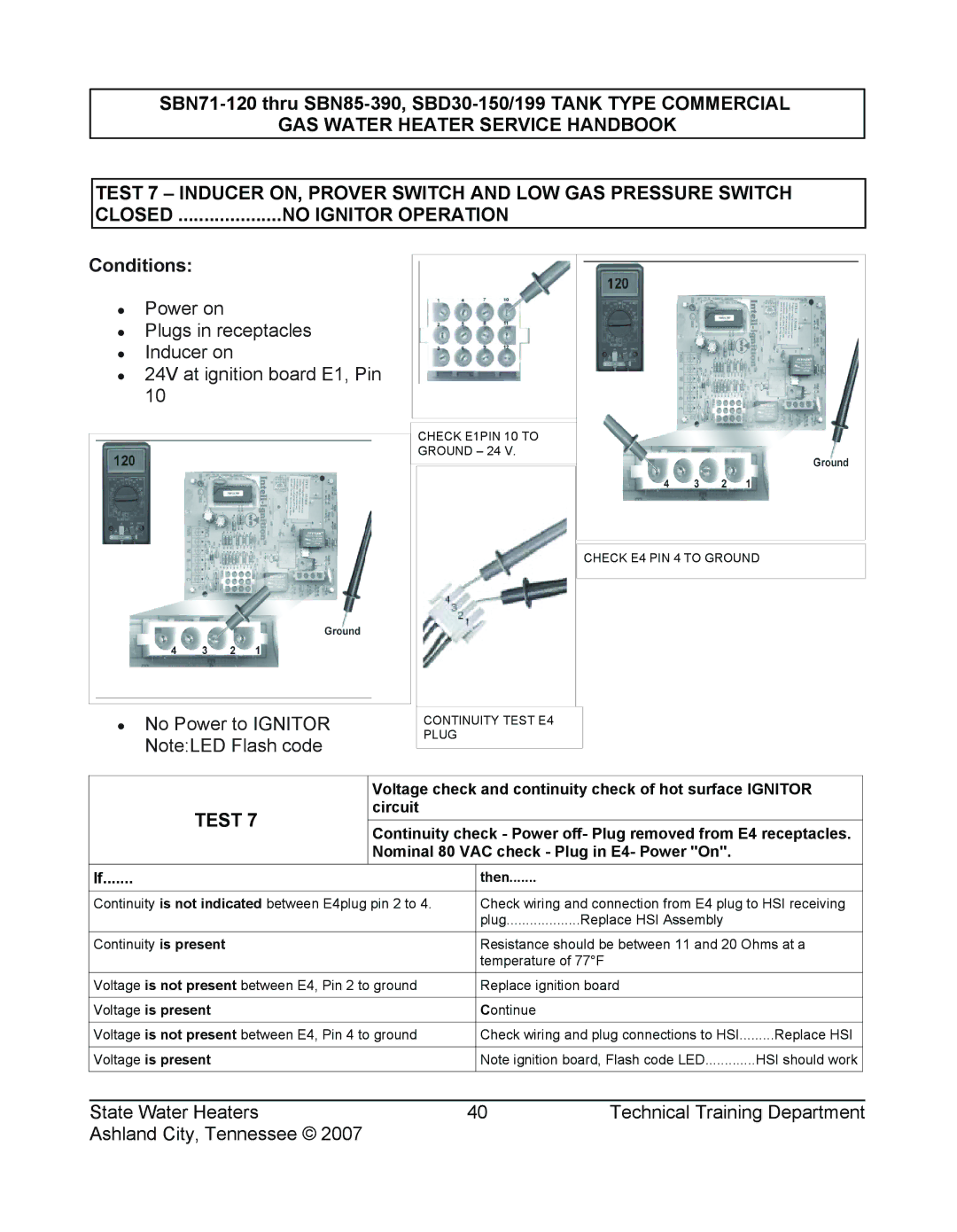 State Industries SBN85 390 (A), SBD30 150, SBN71 120, SBD30 199, SERIES 108 manual No Ignitor Operation 