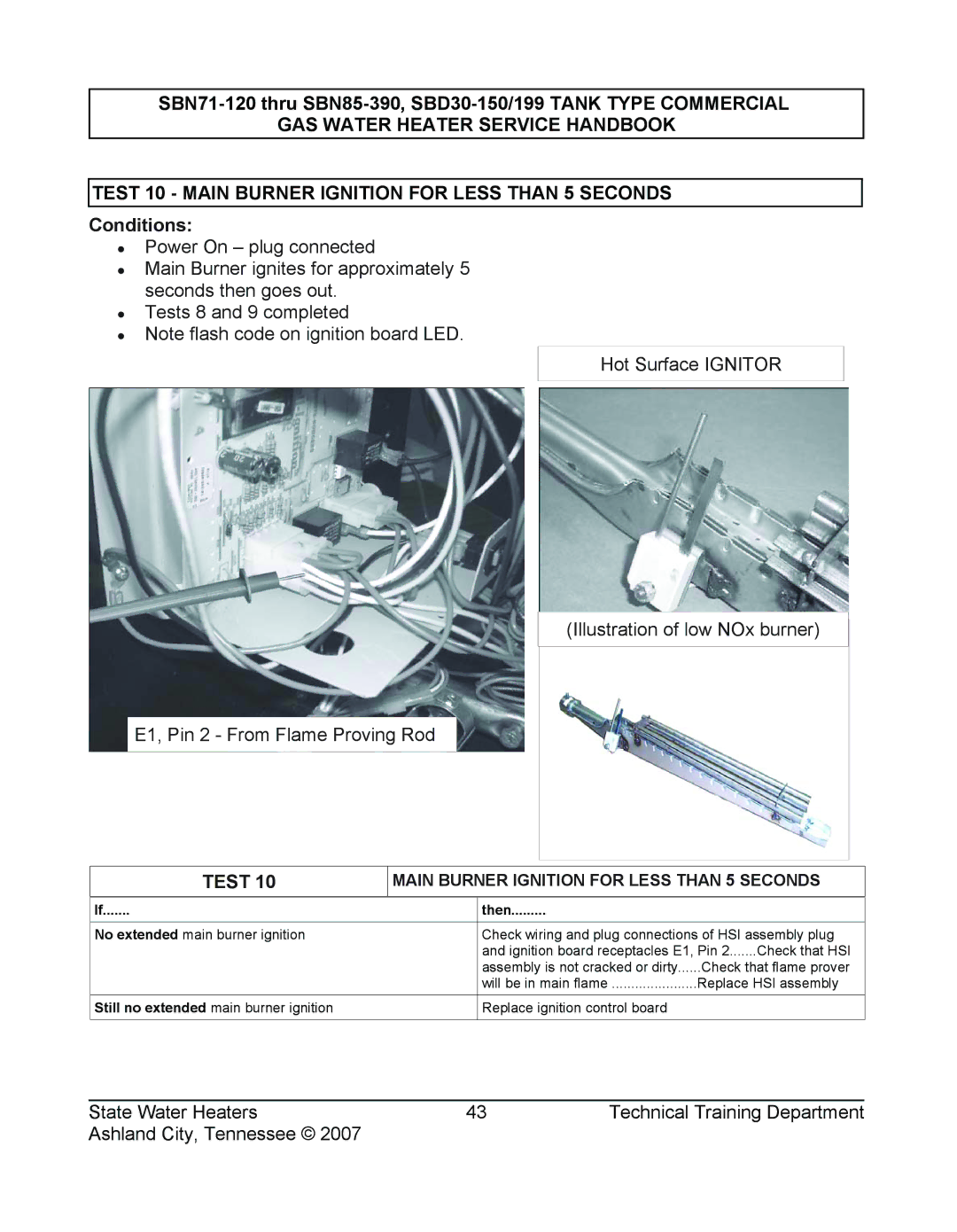 State Industries SERIES 108, SBD30 150, SBN85 390 (A), SBN71 120, SBD30 199 manual Main Burner Ignition for Less than 5 Seconds 