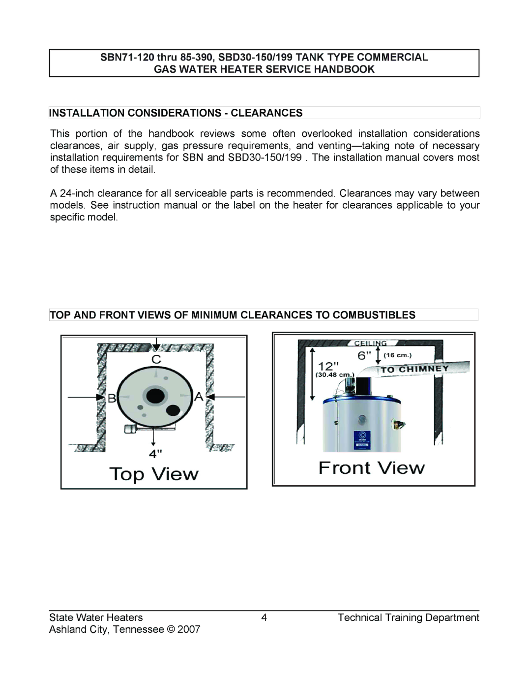 State Industries SBD30 150, SBN85 390 (A), SBN71 120, SBD30 199 TOP and Front Views of Minimum Clearances to Combustibles 