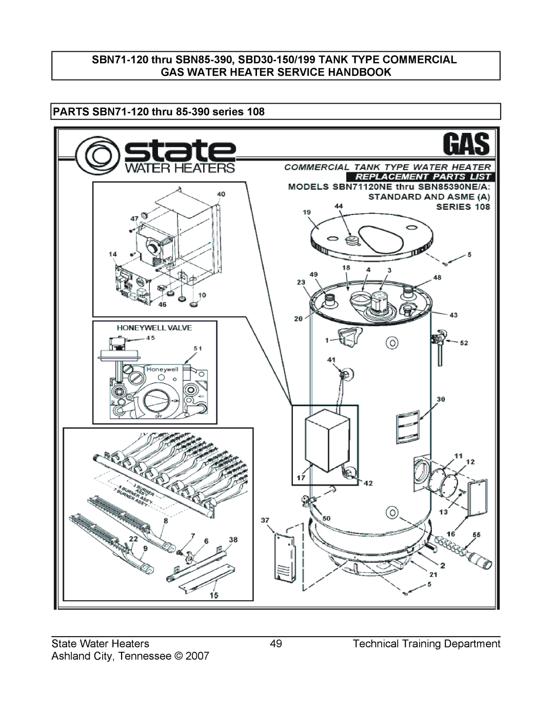 State Industries SBD30 150, SBN85 390 (A), SBN71 120, SBD30 199, SERIES 108 manual GAS Water Heater Service Handbook 