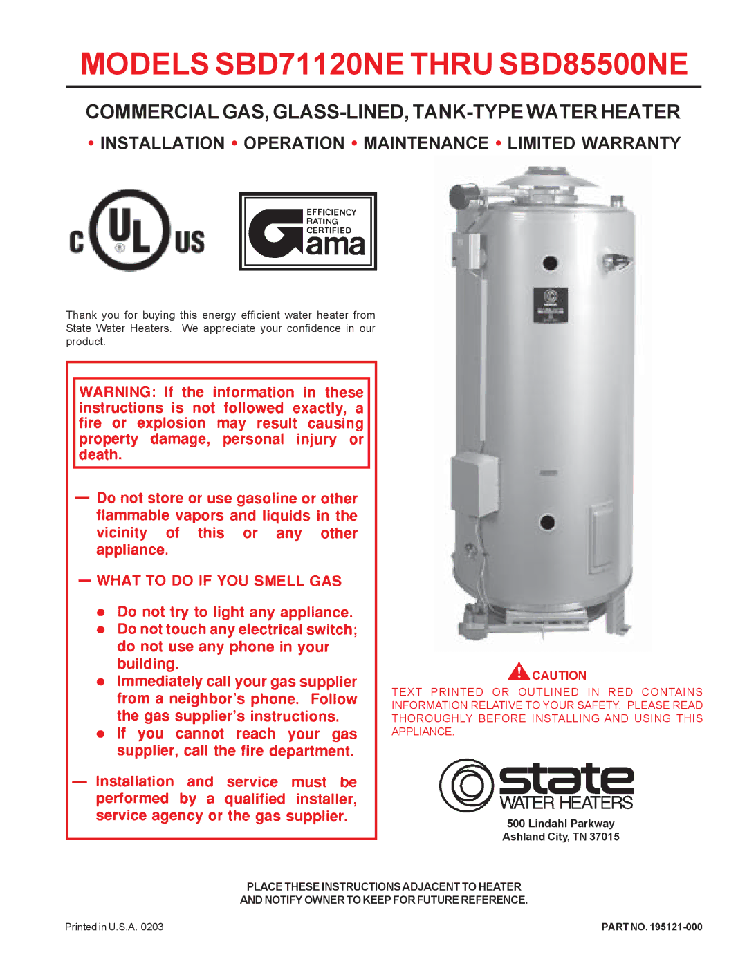 State Industries THRU SBD85500NE warranty Models SBD71120NE Thru SBD85500NE 