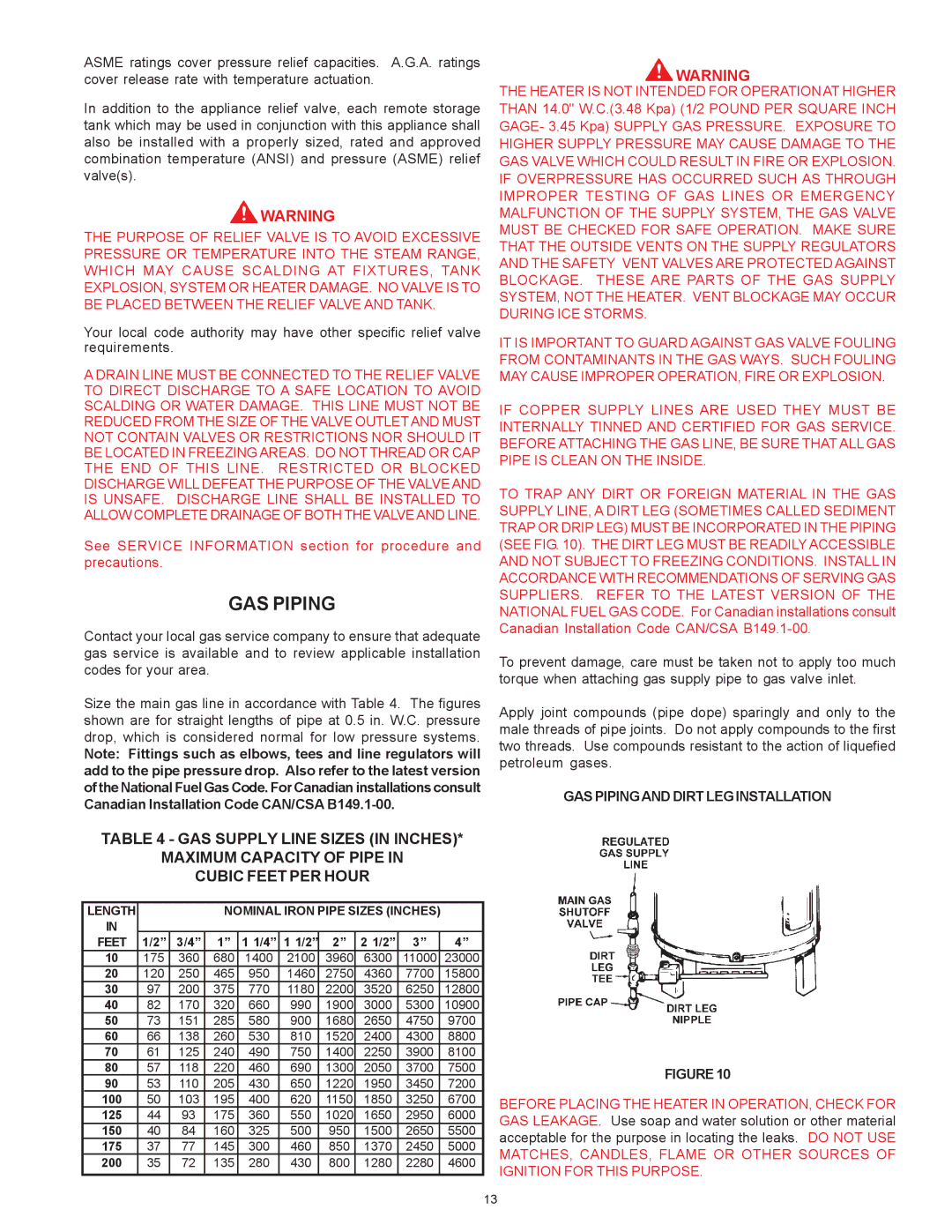 State Industries THRU SBD85500NE, SBD71120NE warranty GAS Pipingand Dirt LEG Installation 