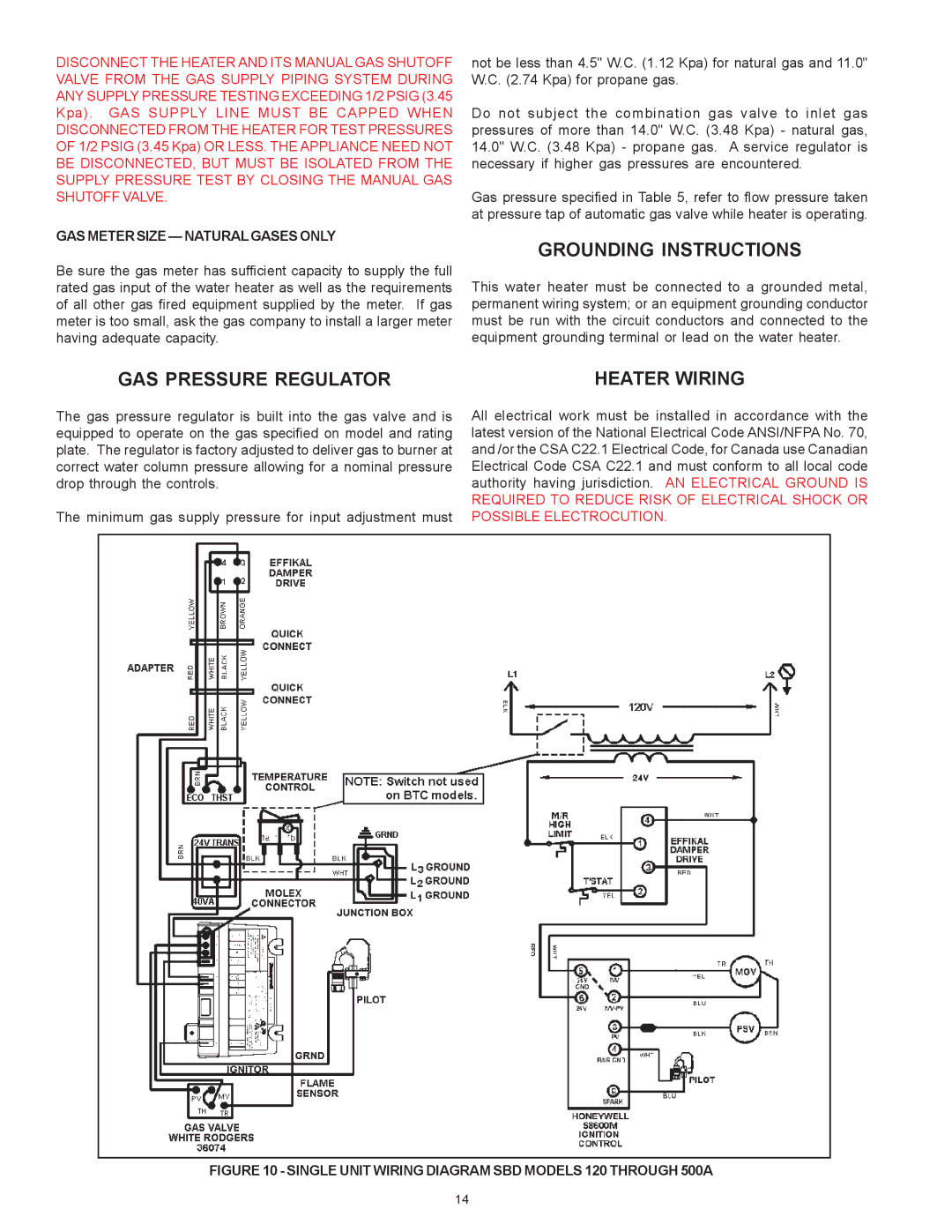 State Industries SBD71120NE warranty Grounding Instructions, GAS Pressure Regulator, GAS Meter Size Natural Gases only 