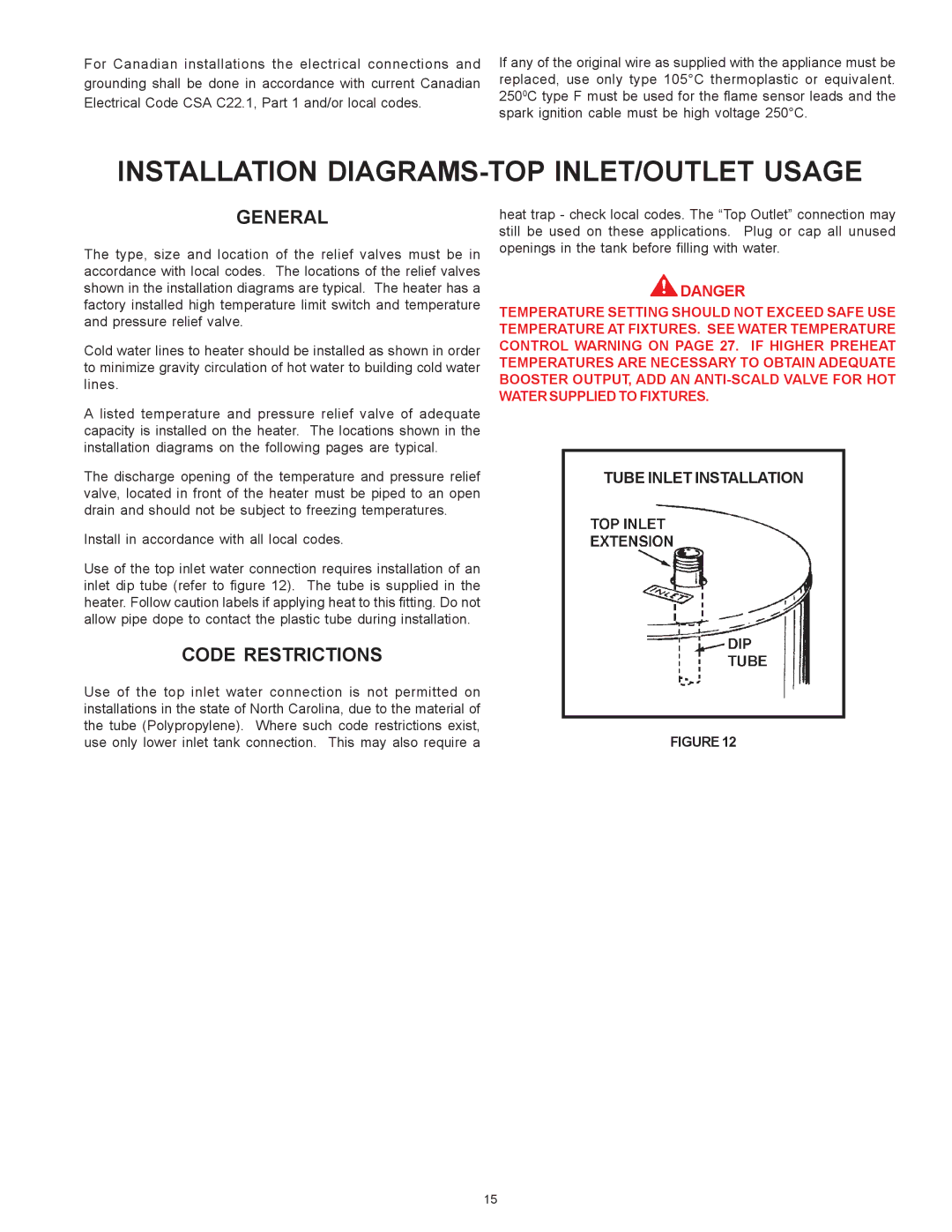 State Industries THRU SBD85500NE, SBD71120NE Installation DIAGRAMS-TOP INLET/OUTLET Usage, General, Code Restrictions 