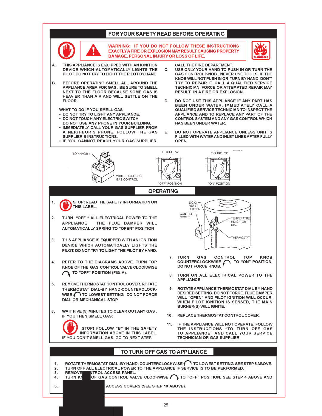 State Industries THRU SBD85500NE, SBD71120NE warranty For Your Safety Read Before Operating, To Turn OFF GAS to Appliance 