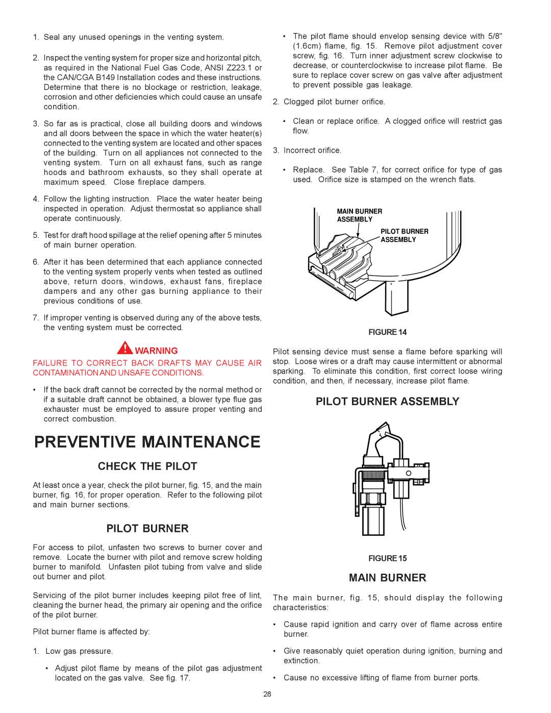 State Industries SBD71120NE warranty Preventive Maintenance, Check the Pilot, Pilot Burner Assembly Main Burner 