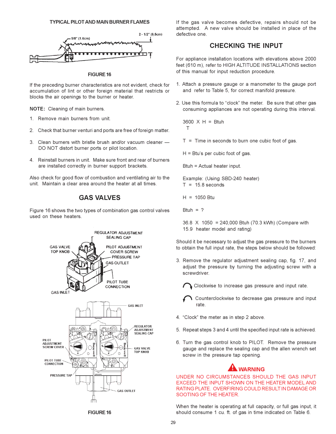 State Industries THRU SBD85500NE, SBD71120NE warranty GAS Valves, Checking the Input, Typical Pilot and Main Burner Flames 