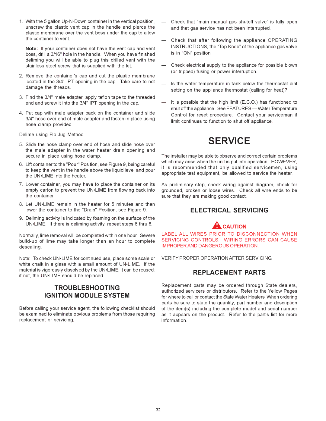 State Industries SBD71120NE Service, Troubleshooting Ignition Module System, Electrical Servicing, Replacement Parts 