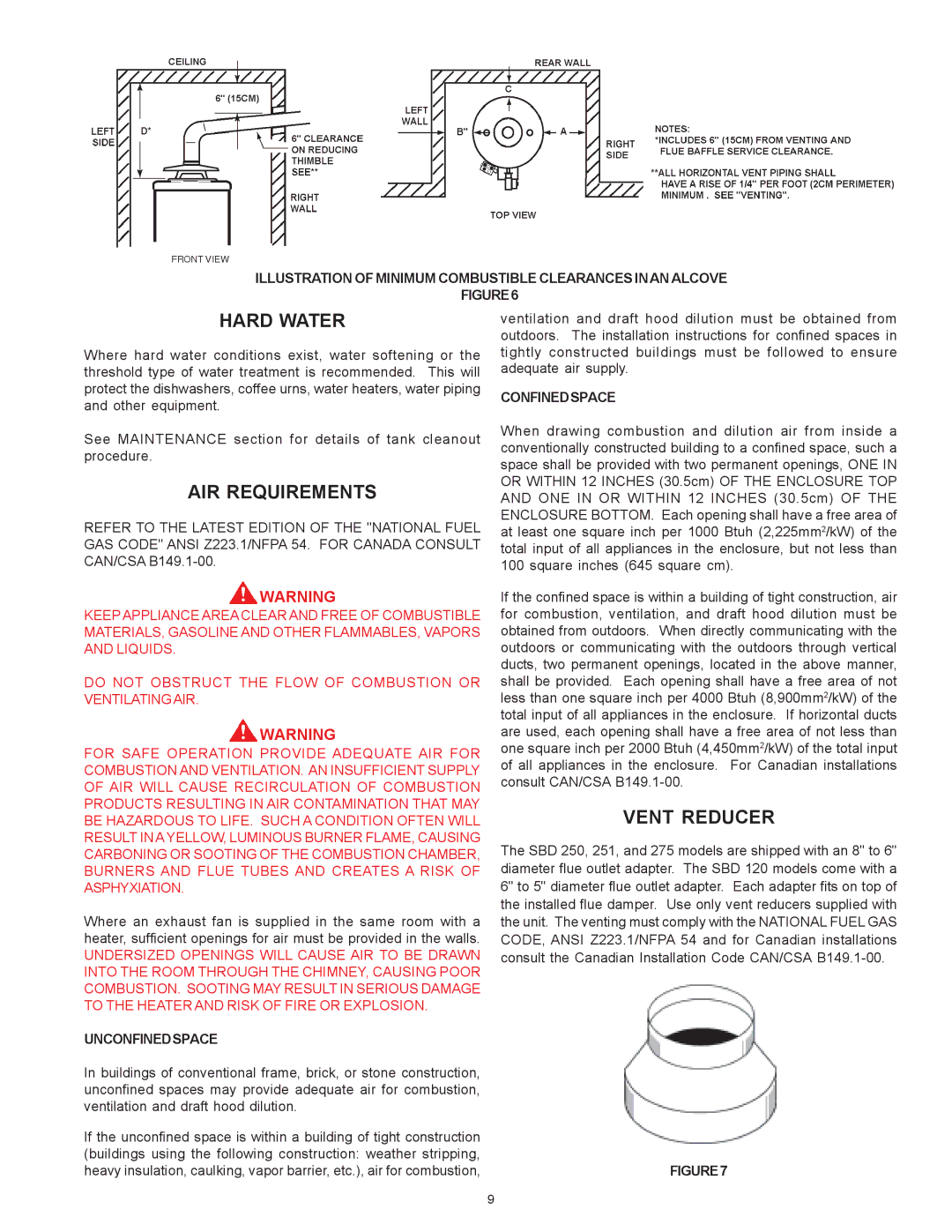 State Industries THRU SBD85500NE, SBD71120NE warranty Hard Water, AIR Requirements, Vent Reducer 