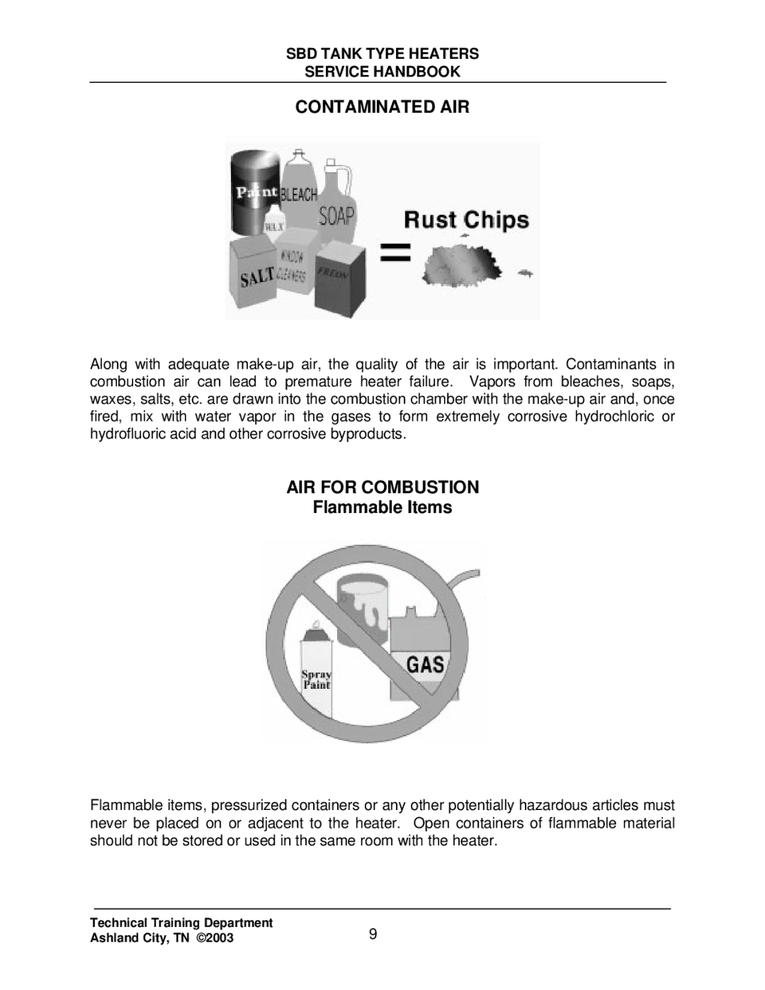 State Industries SBD85 500, SBD71 120 manual Contaminated AIR, AIR for Combustion 