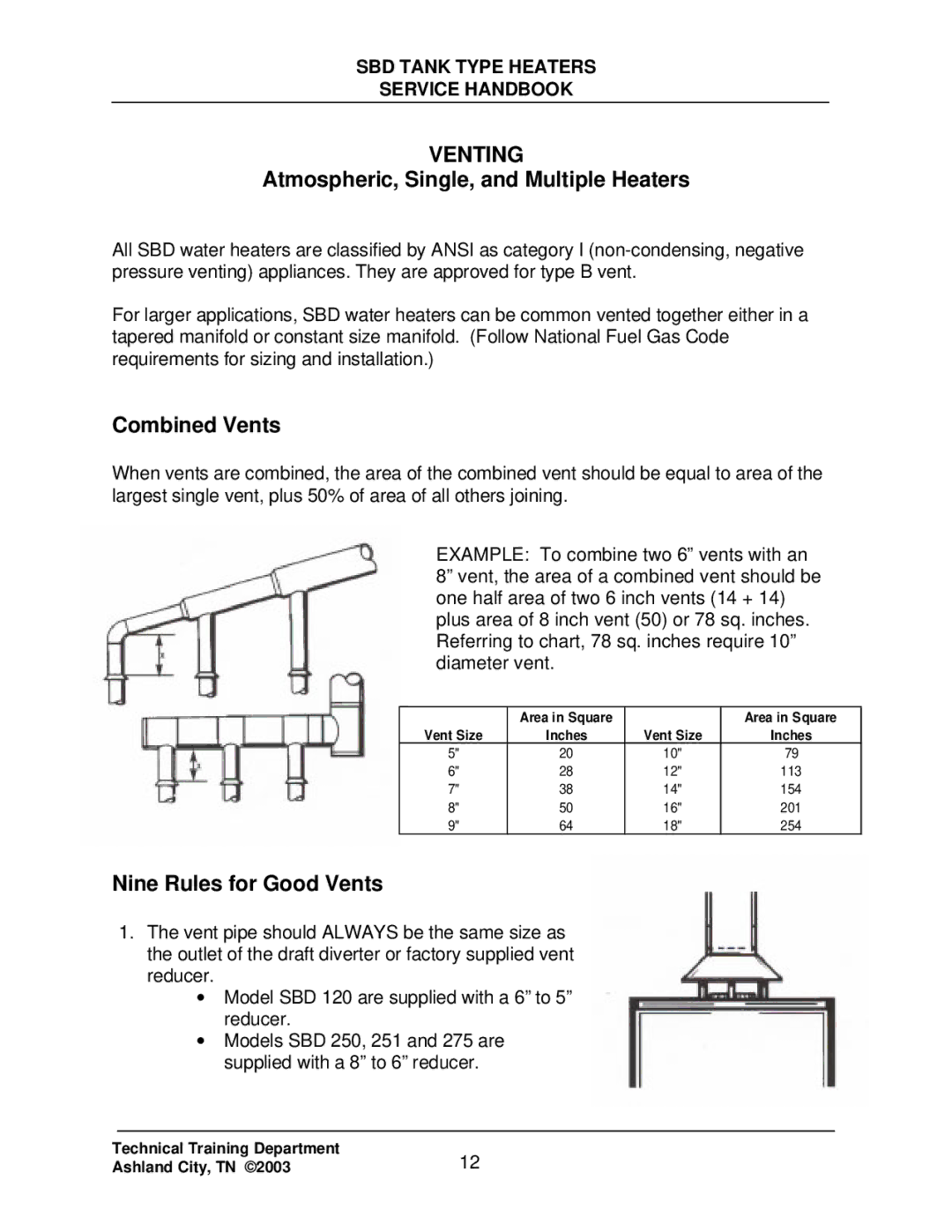 State Industries SBD71 120, SBD85 500 manual Venting, Atmospheric, Single, and Multiple Heaters 