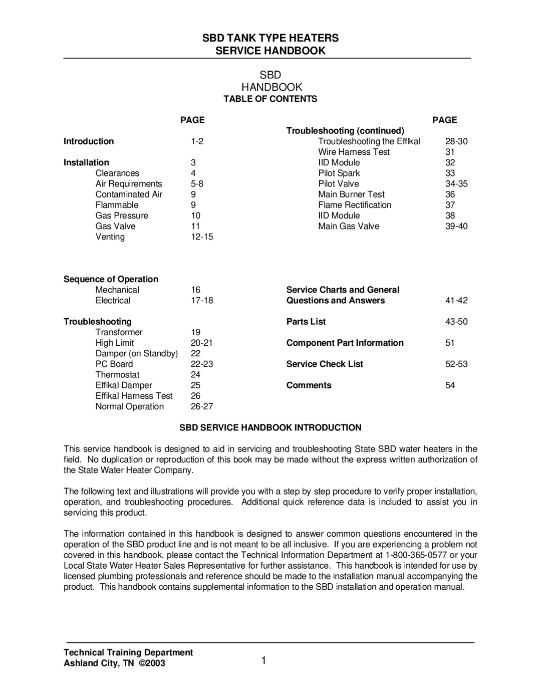 State Industries SBD85 500, SBD71 120 manual SBD Tank Type Heaters Service Handbook, SBD Handbook 