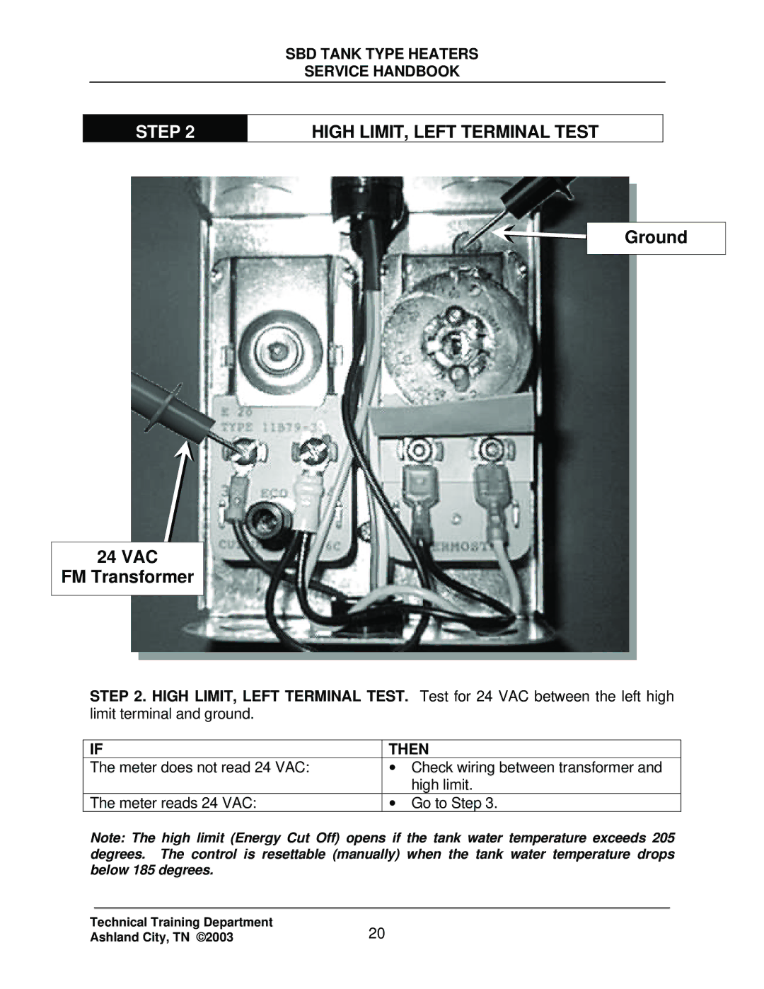 State Industries SBD71 120, SBD85 500 manual High LIMIT, Left Terminal Test, Ground 24 VAC FM Transformer 