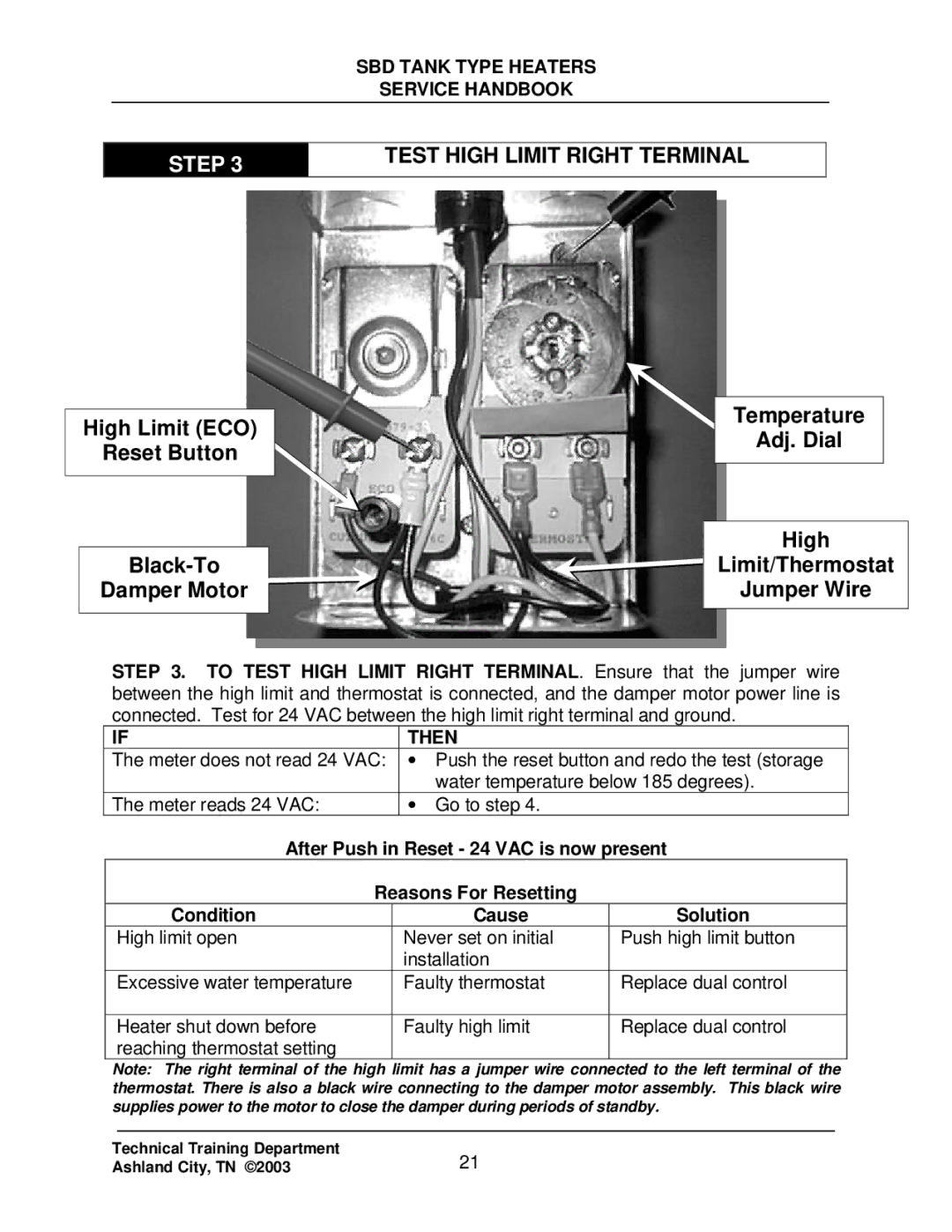 State Industries SBD85 500, SBD71 120 manual Test High Limit Right Terminal, After Push in Reset 24 VAC is now present 