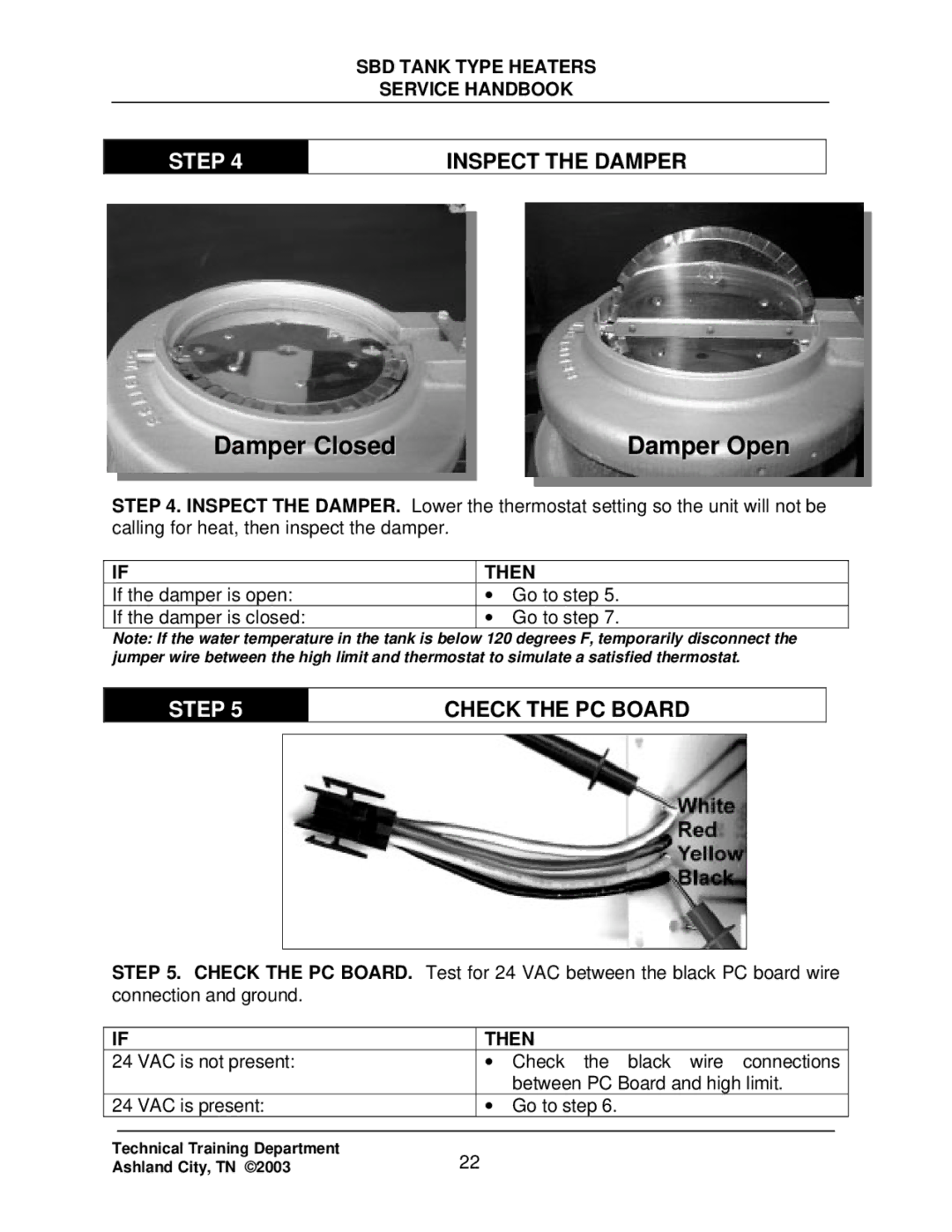 State Industries SBD71 120, SBD85 500 manual Inspect the Damper, Check the PC Board 