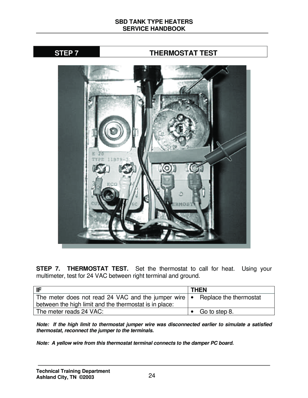 State Industries SBD71 120, SBD85 500 manual Thermostat Test 