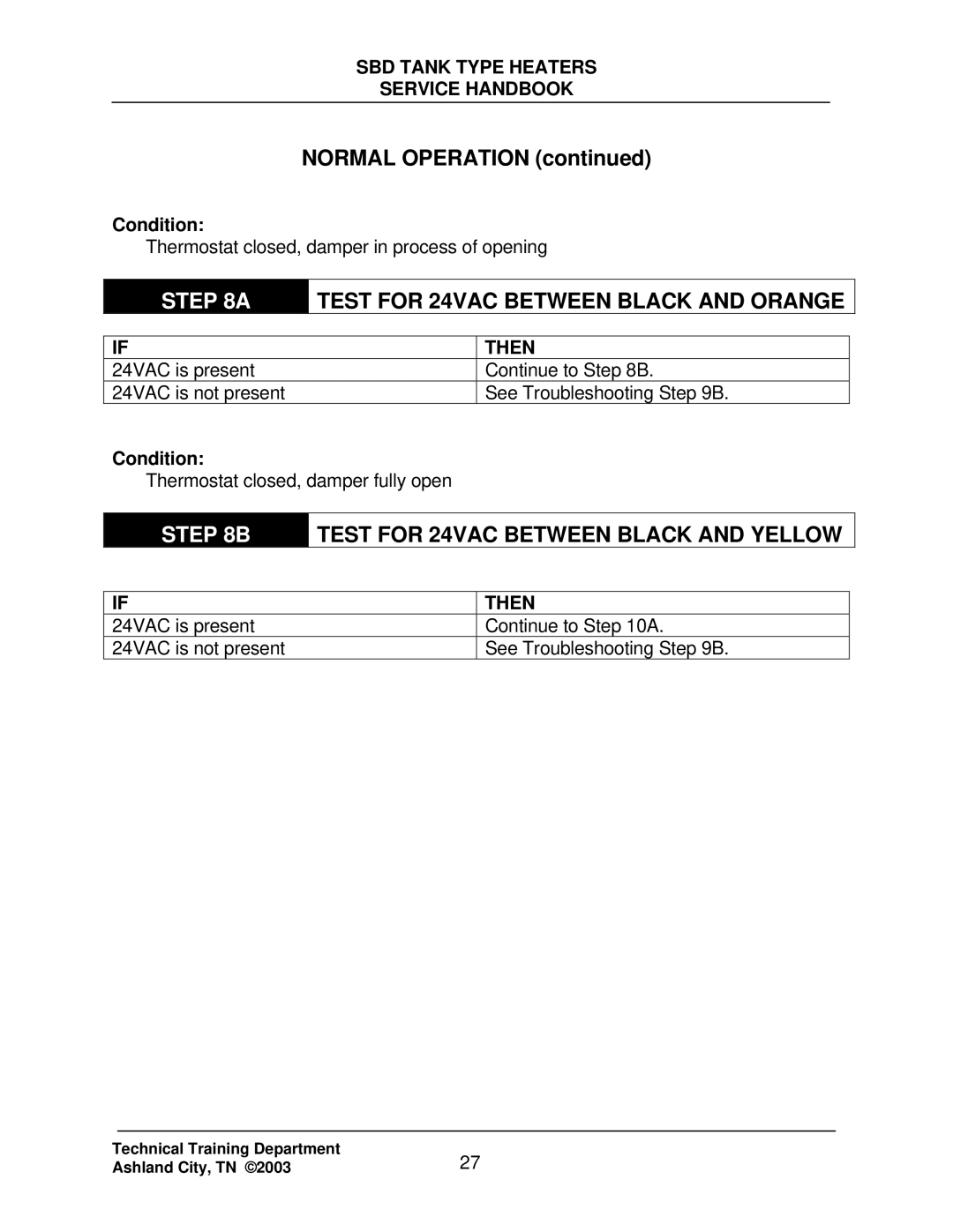 State Industries SBD85 500, SBD71 120 Test for 24VAC Between Black and Orange, Test for 24VAC Between Black and Yellow 