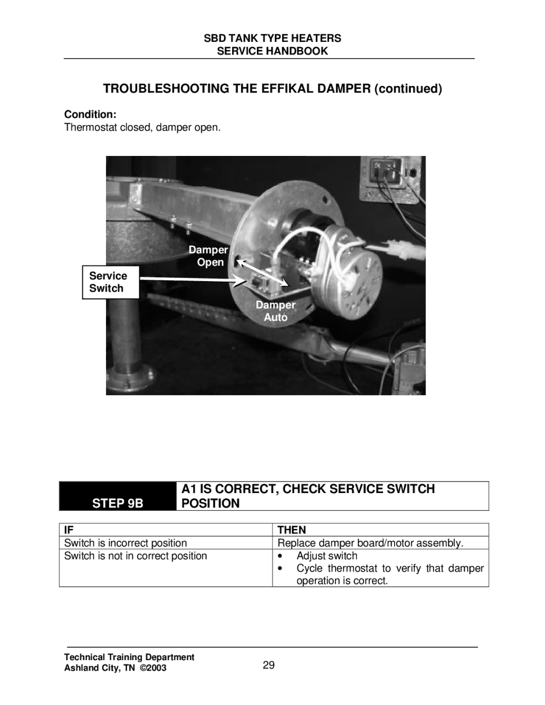 State Industries SBD85 500, SBD71 120 manual A1 is CORRECT, Check Service Switch Position 