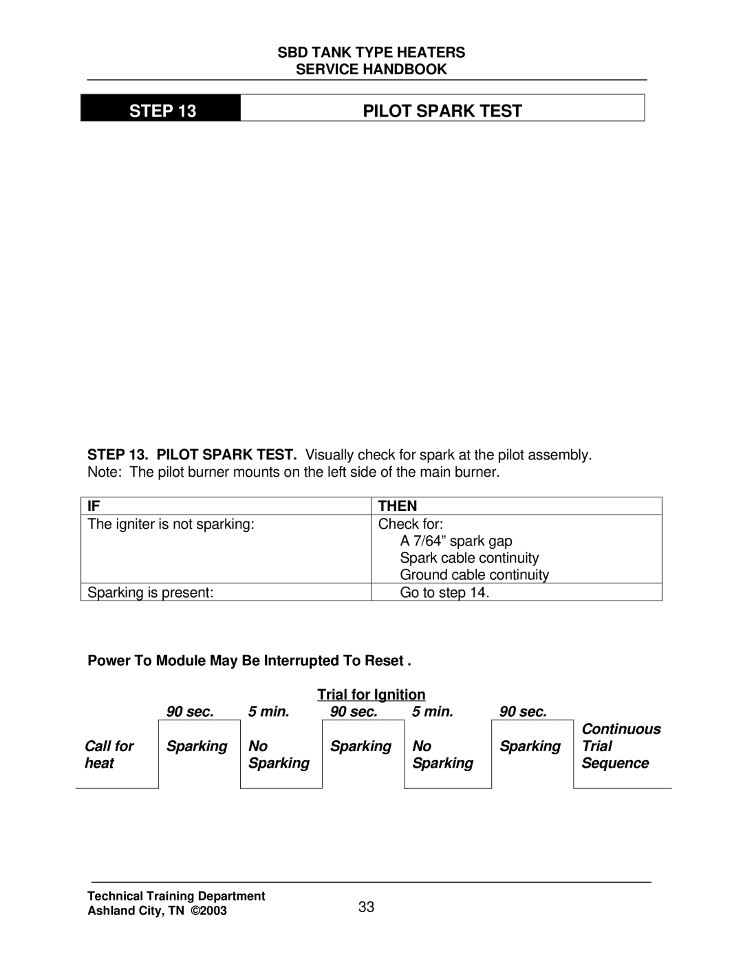 State Industries SBD85 500, SBD71 120 manual Pilot Spark Test, Power To Module May Be Interrupted To Reset 