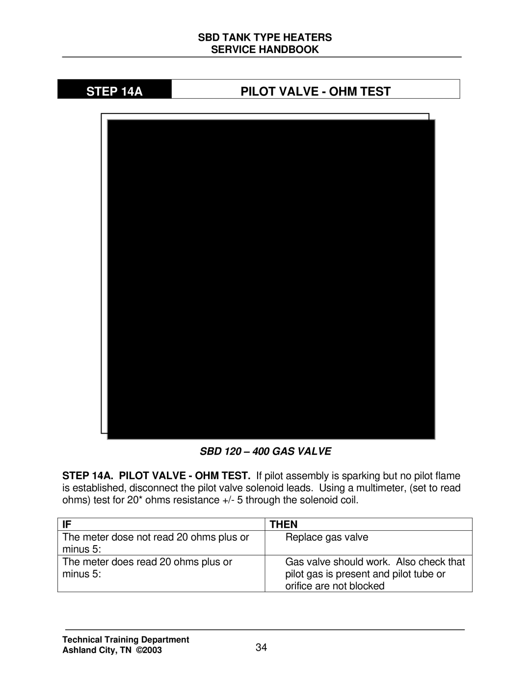 State Industries SBD71 120, SBD85 500 manual Pilot Valve OHM Test, SBD 120 400 GAS Valve 