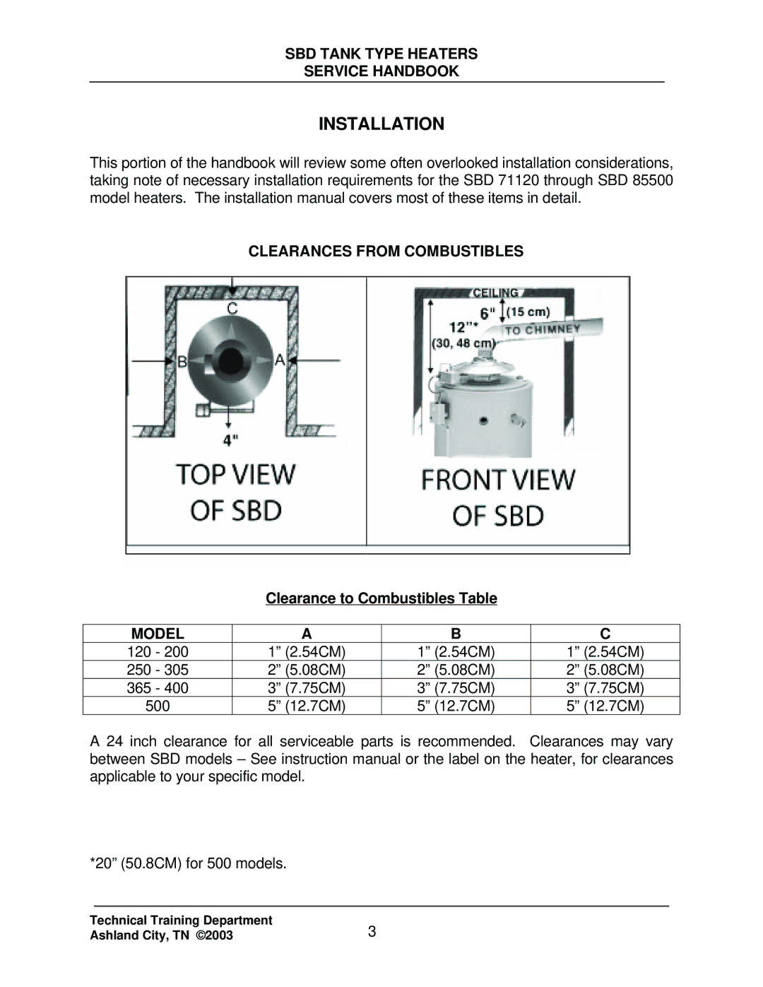 State Industries SBD85 500, SBD71 120 Installation, Clearances from Combustibles, Clearance to Combustibles Table, Model 