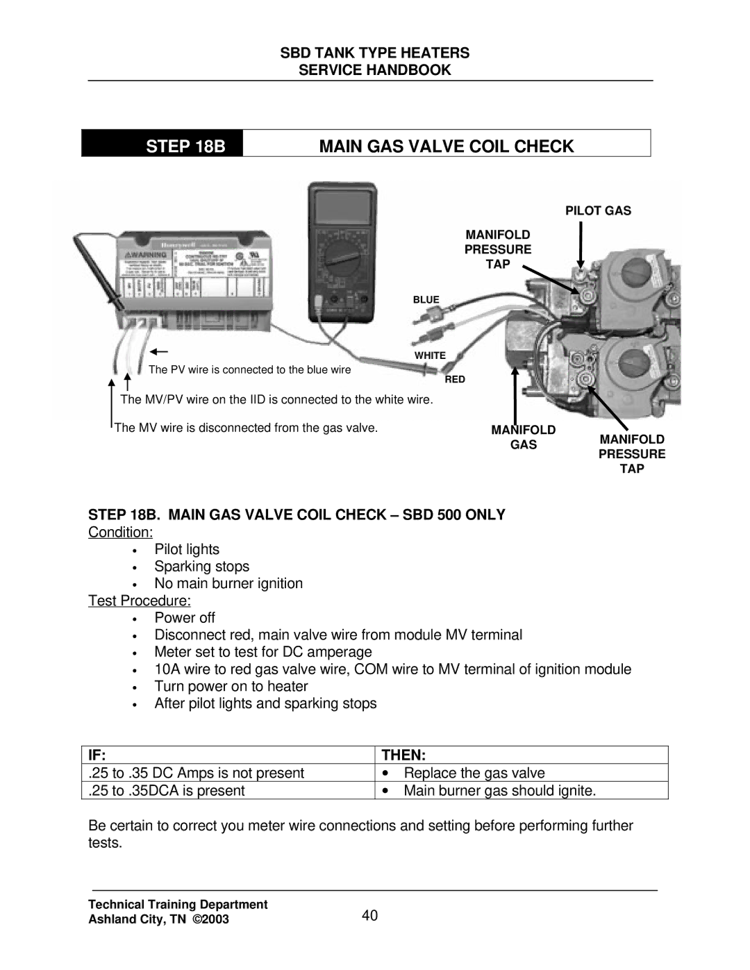 State Industries SBD71 120, SBD85 500 manual Main GAS Valve Coil Check SBD 500 only 