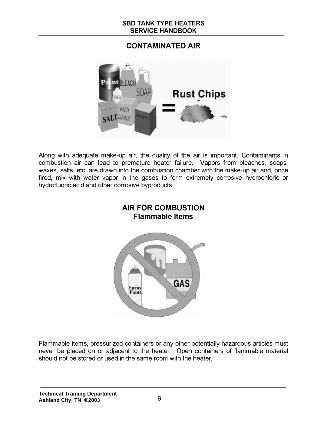 State Industries SBD85 500, SBD71 120 manual Contaminated AIR, AIR for Combustion 