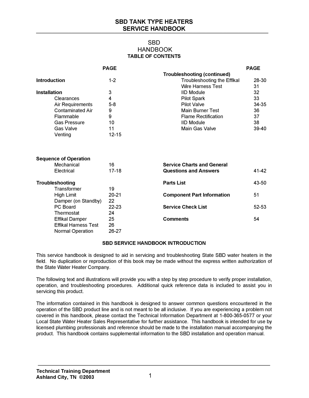 State Industries SBD85 500, SBD71 120 manual SBD Tank Type Heaters Service Handbook, SBD Handbook 