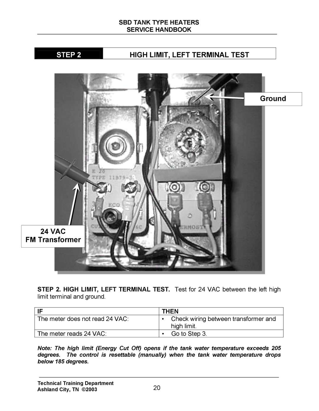 State Industries SBD71 120, SBD85 500 manual High LIMIT, Left Terminal Test, Ground 24 VAC FM Transformer 