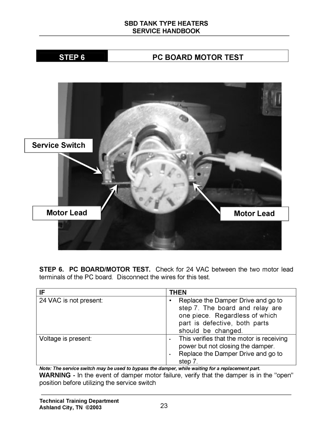 State Industries SBD85 500, SBD71 120 manual PC Board Motor Test, Service Switch Motor Lead 