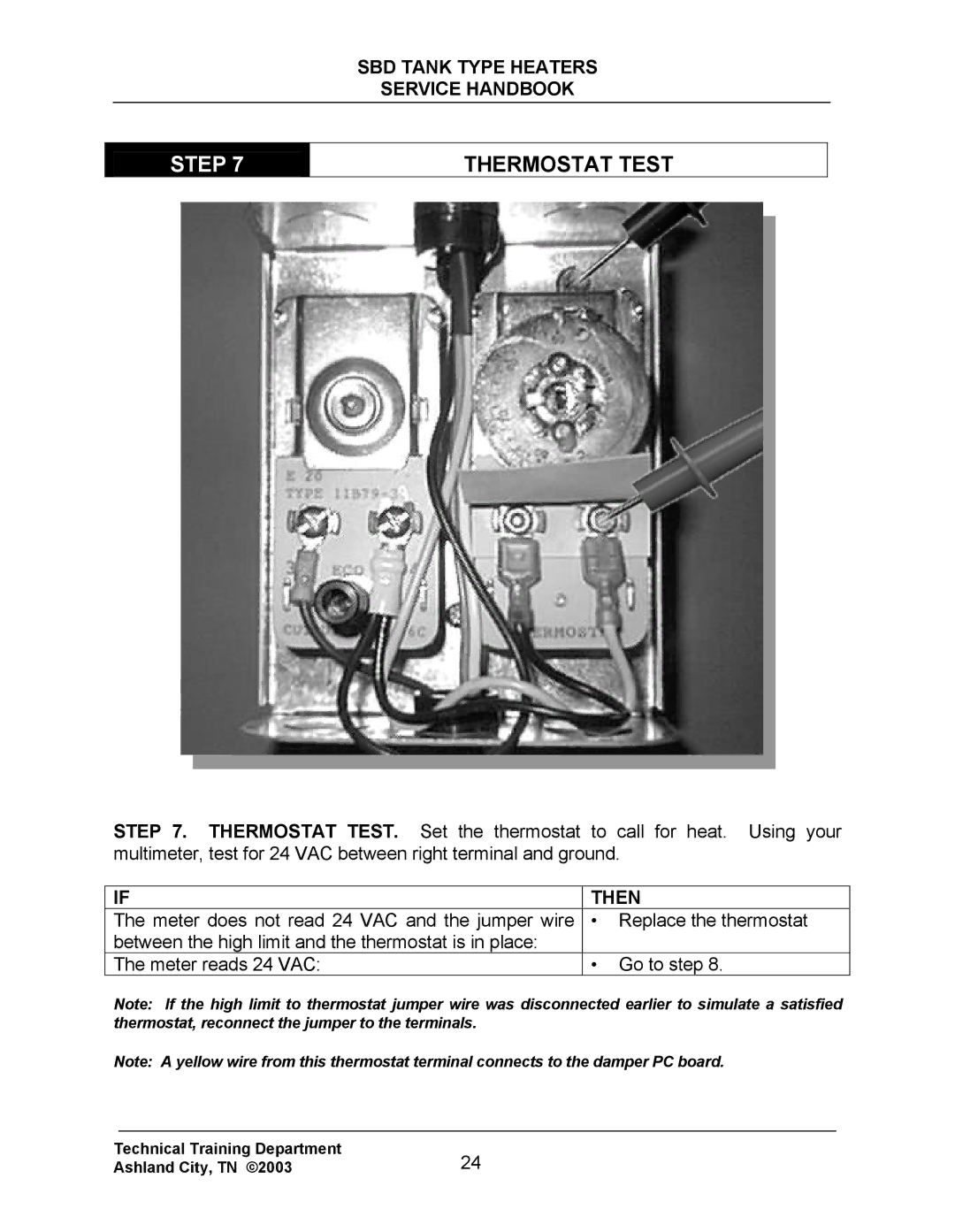 State Industries SBD71 120, SBD85 500 manual Thermostat Test 