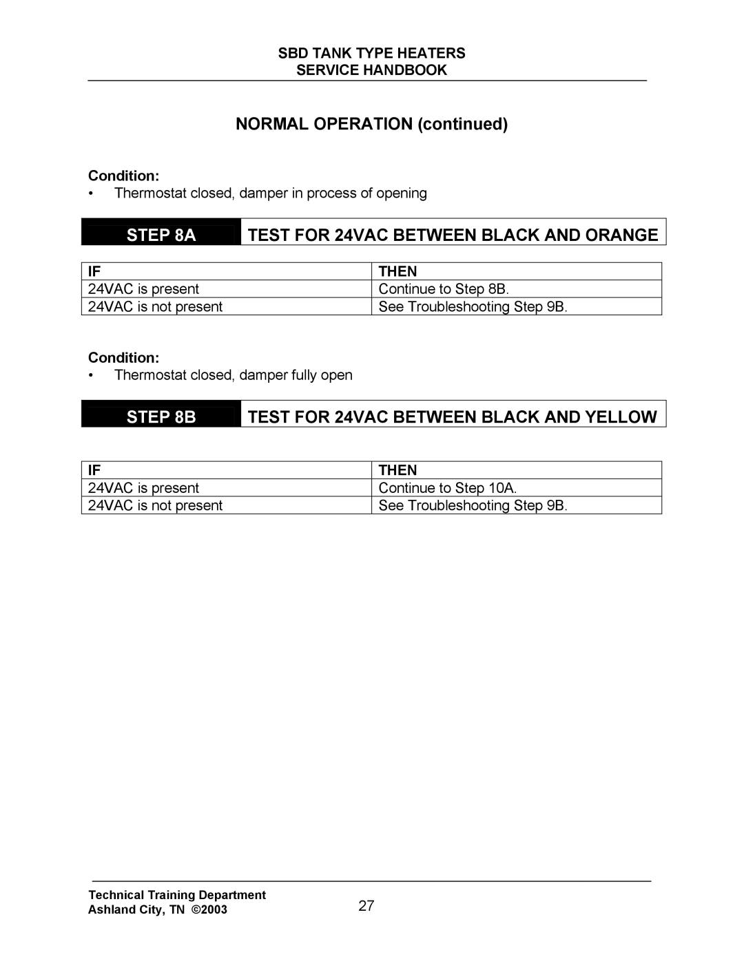 State Industries SBD85 500, SBD71 120 Test for 24VAC Between Black and Orange, Test for 24VAC Between Black and Yellow 