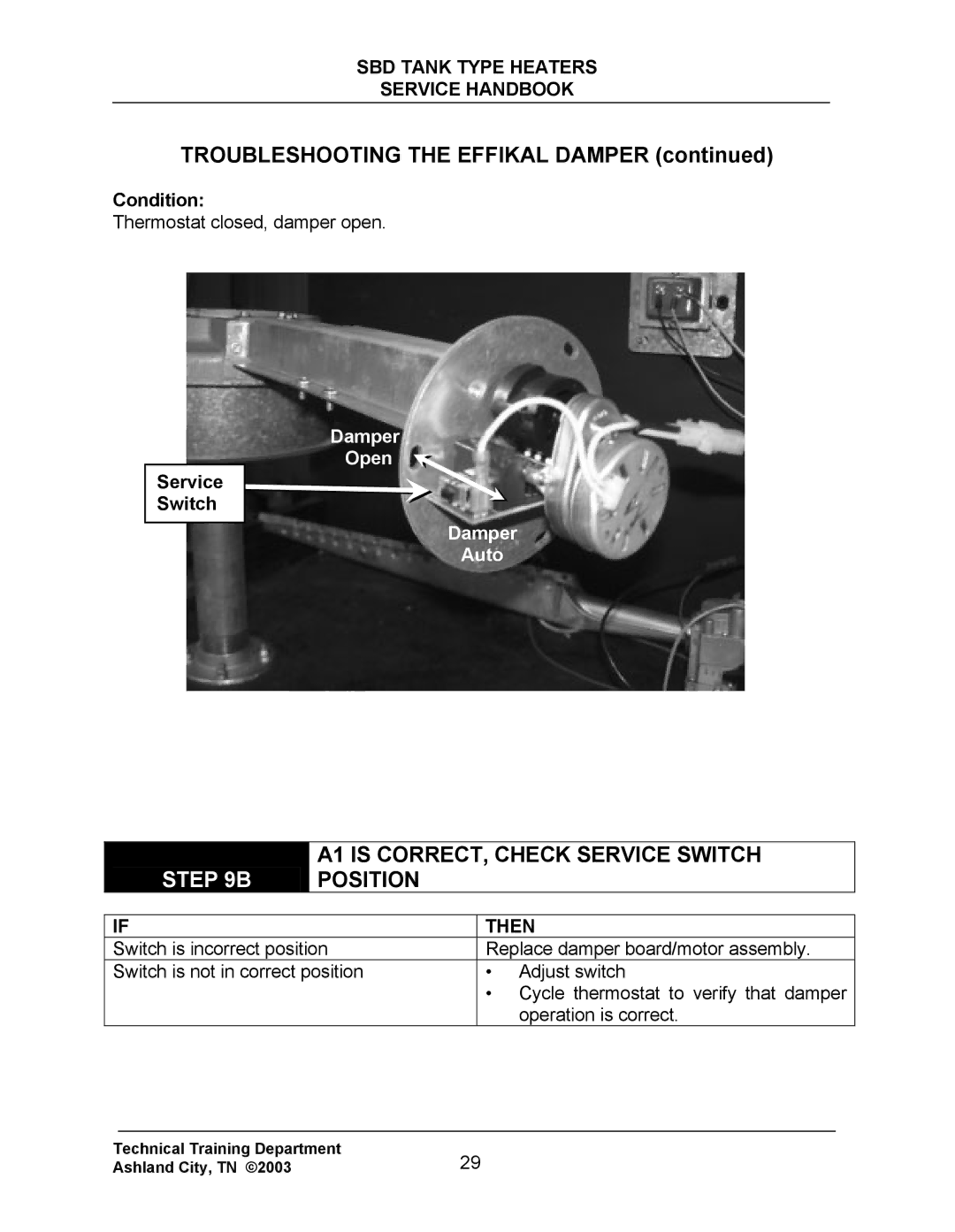 State Industries SBD85 500, SBD71 120 manual A1 is CORRECT, Check Service Switch Position 