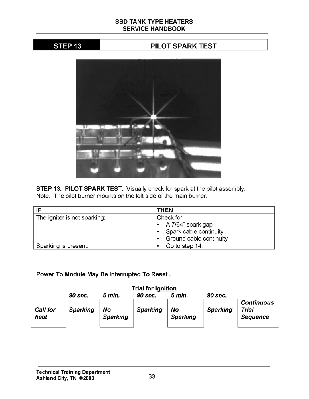 State Industries SBD85 500, SBD71 120 manual Pilot Spark Test 