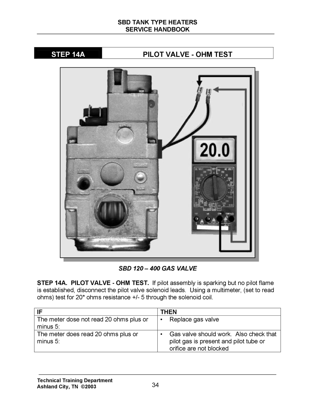 State Industries SBD71 120, SBD85 500 manual Pilot Valve OHM Test, SBD 120 400 GAS Valve 