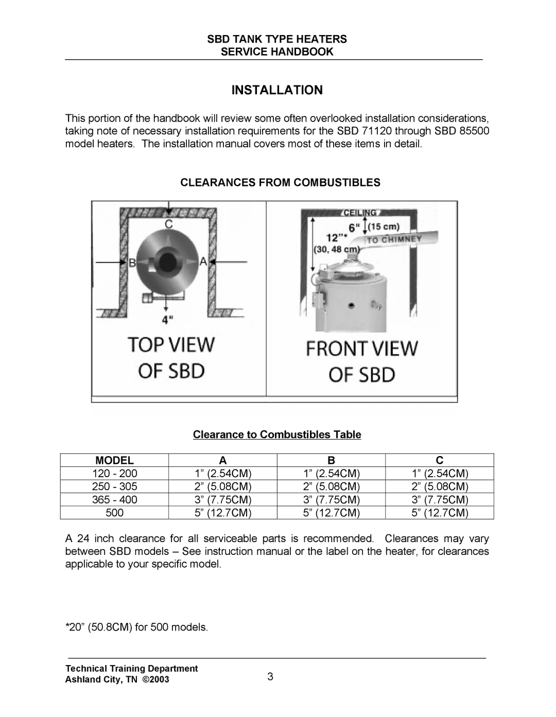 State Industries SBD85 500, SBD71 120 manual Installation, Clearances from Combustibles, Model 