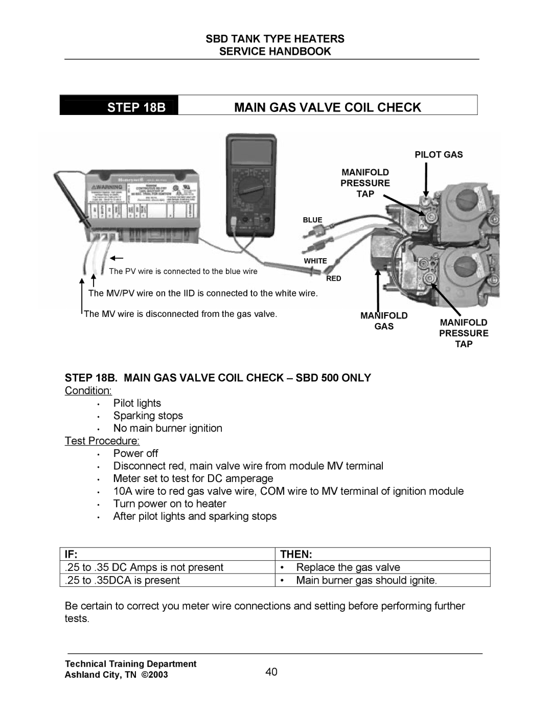 State Industries SBD71 120, SBD85 500 manual Main GAS Valve Coil Check SBD 500 only 